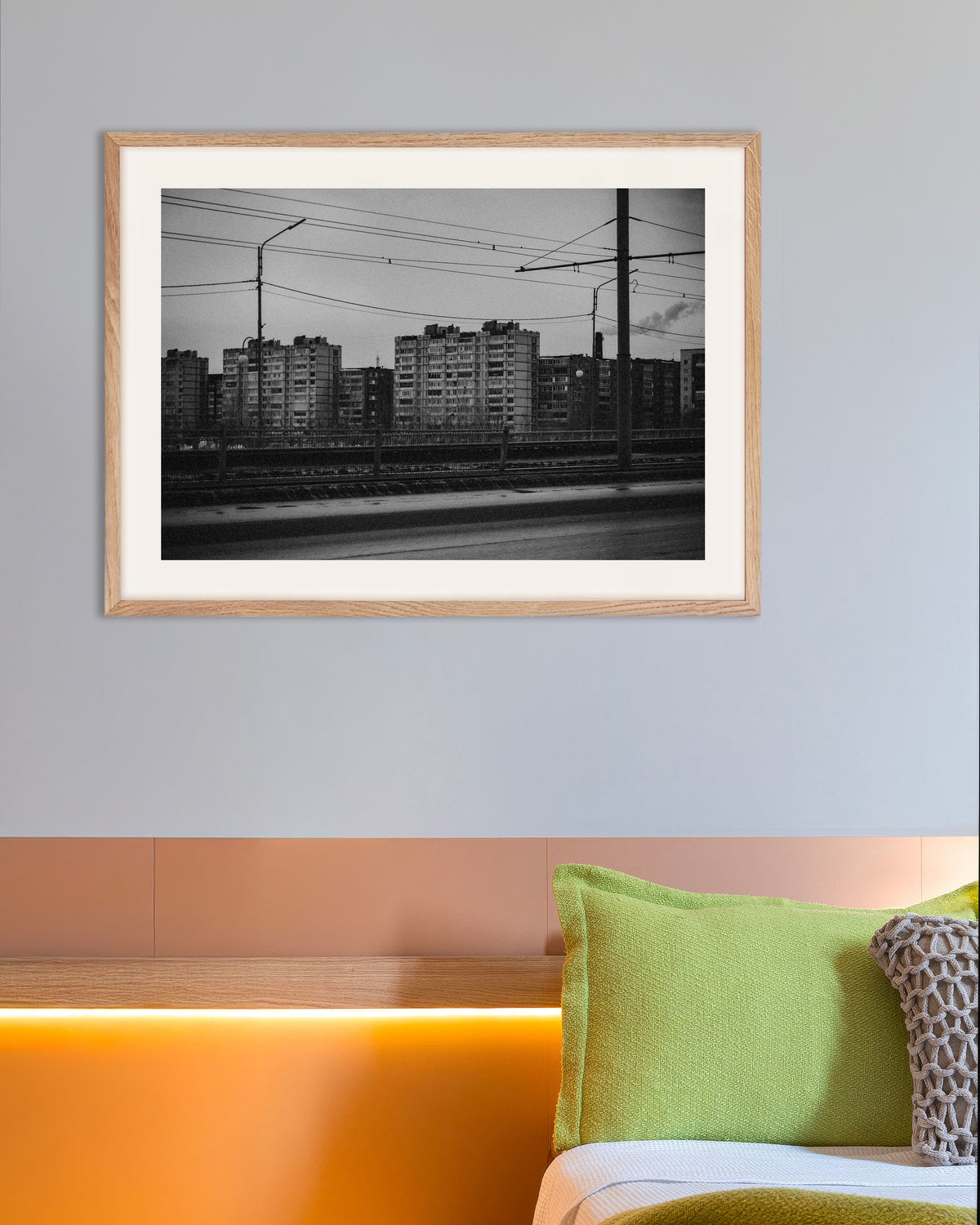 Poster of Tower Blocks Beyond the Tram Wires, with natural wooden frame