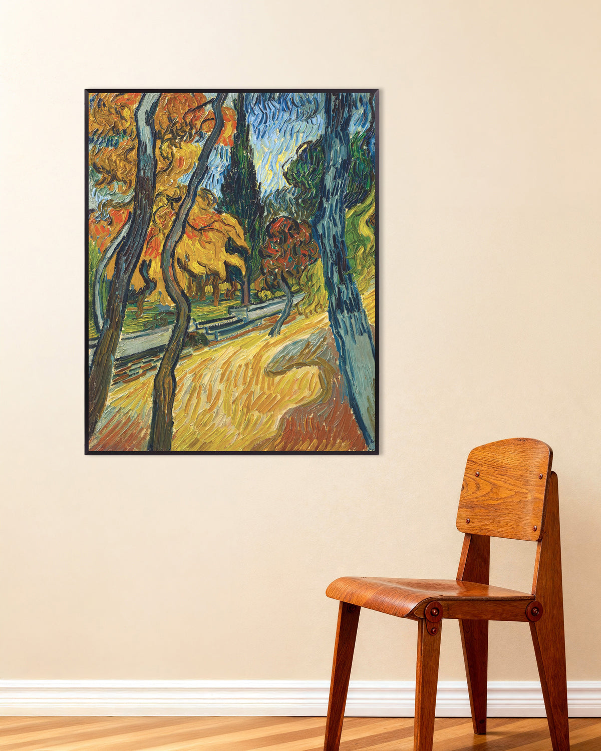 Poster av Trær i asylhagen (1889) av Vincent van Gogh, med metallramme