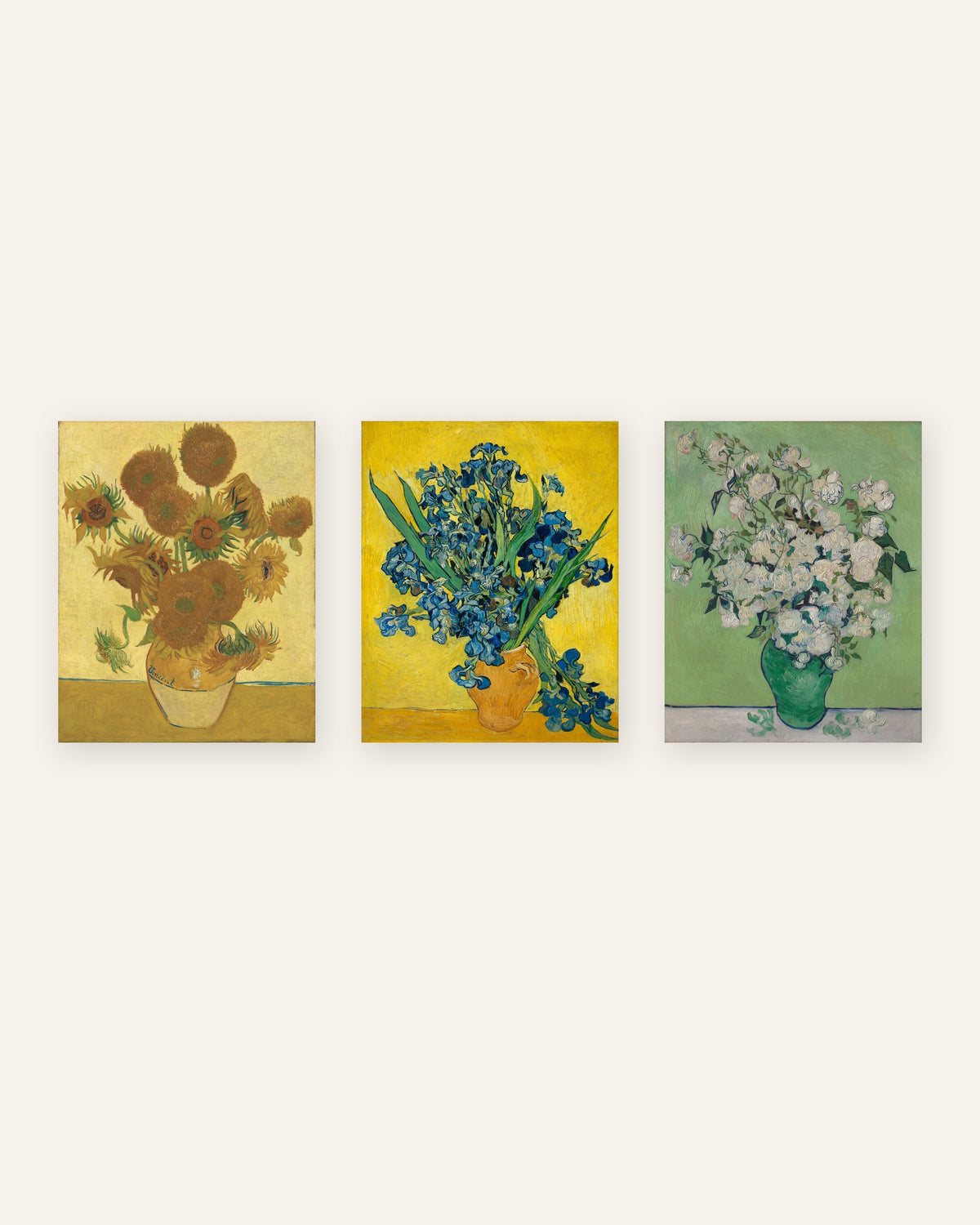 Van Gogh-postere med blomster, sett med 3: Solsikker, Iris og Roser, uten ramme