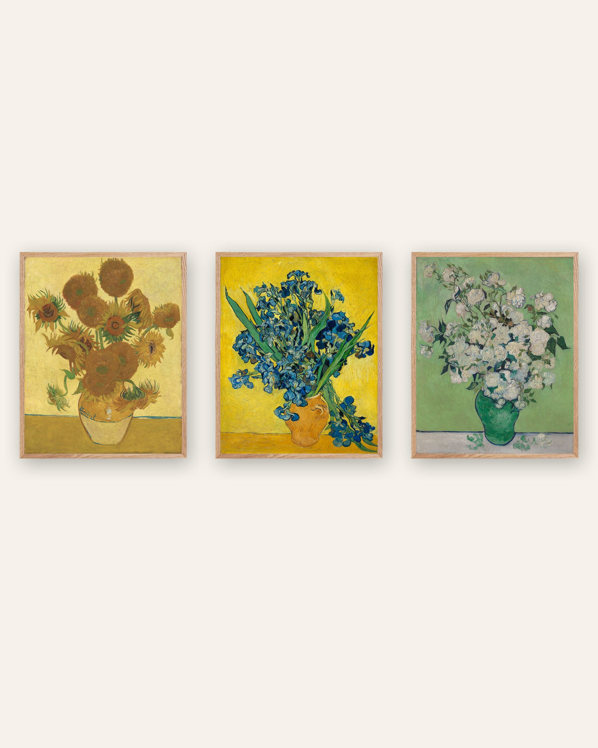 Van Gogh-postere med blomster, sett med 3: Solsikker, Iris og Roser, i rammer av natureik