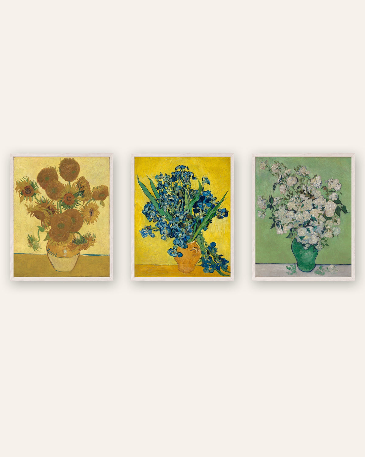 Van Gogh-postere med blomster, sett med 3: Solsikker, Iris og Roser, i hvite eikerammer