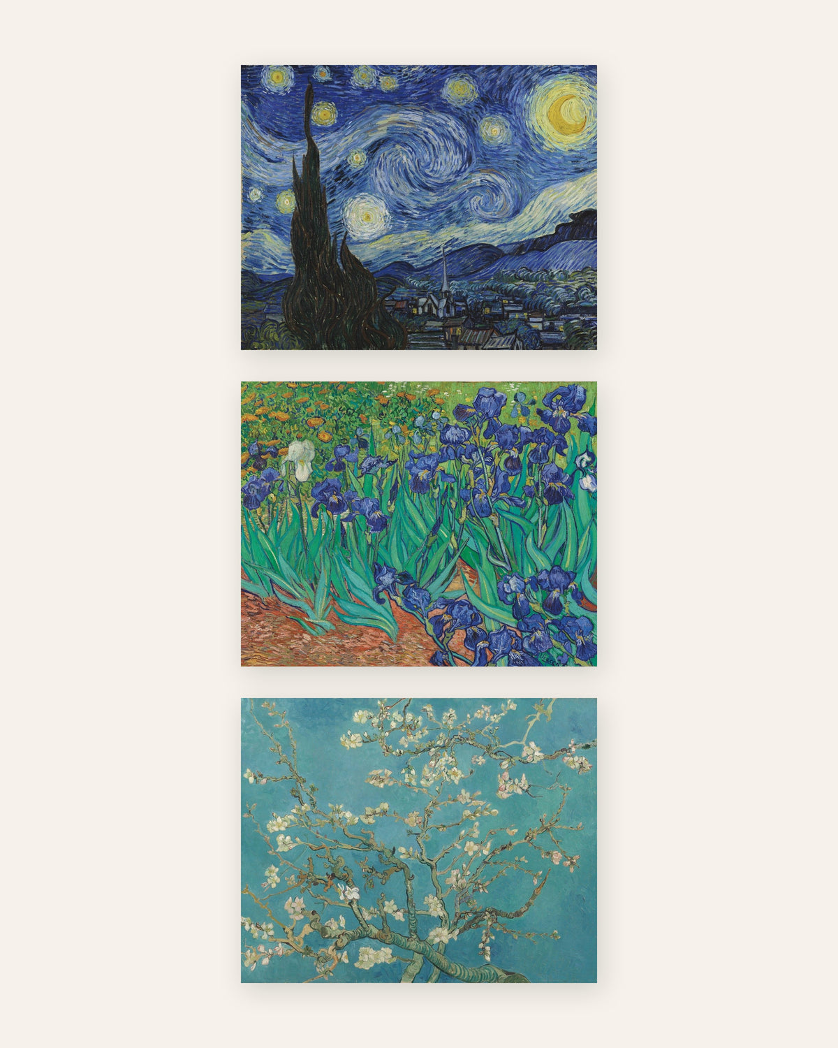 Van Gogh-postere, sett med 3: Stjernenatt, Iris og Mandelblomster, uten ramme