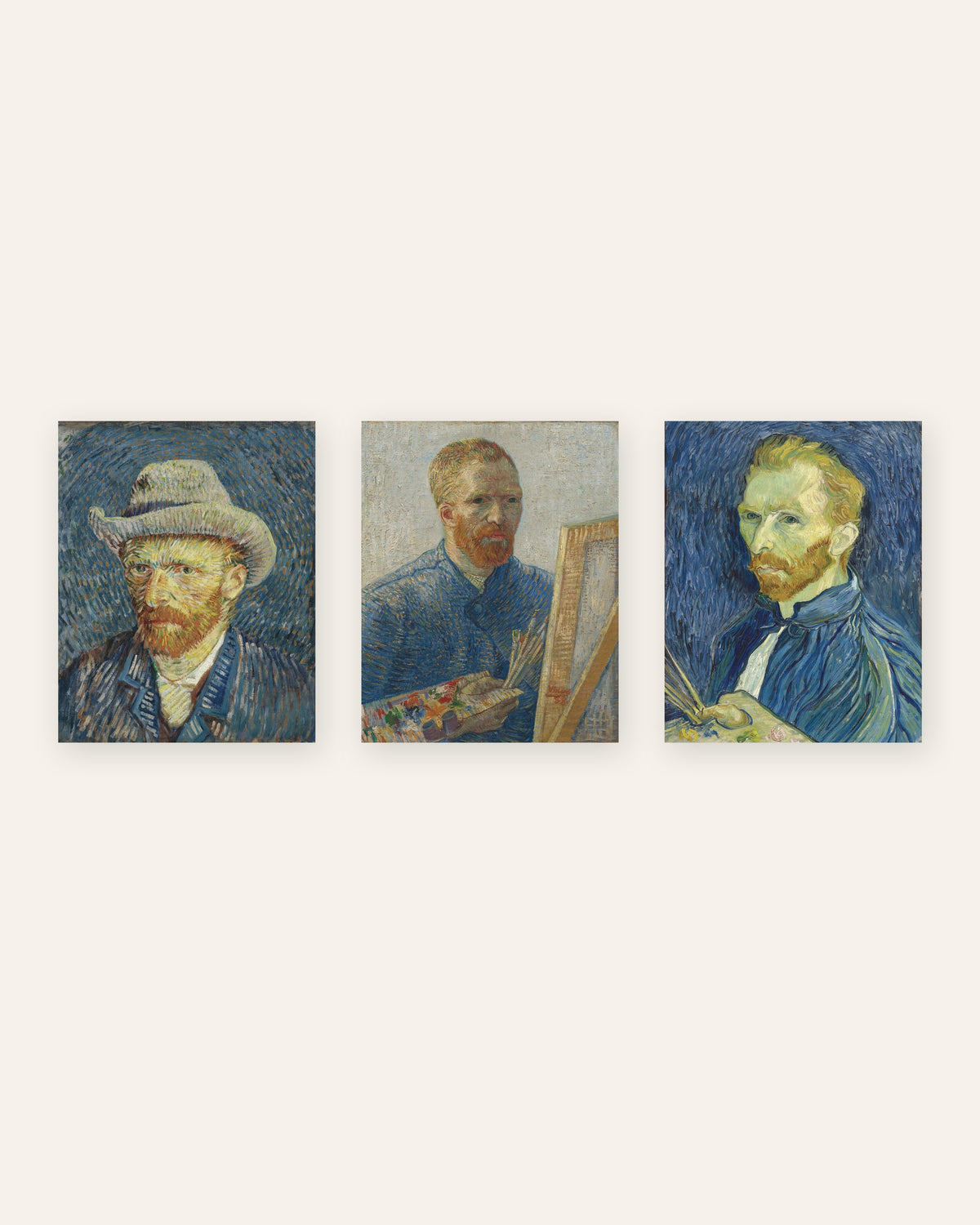 Van Gogh-postere med selvportretter, sett med 3: fra Paris til Saint-Rémy, uten ramme