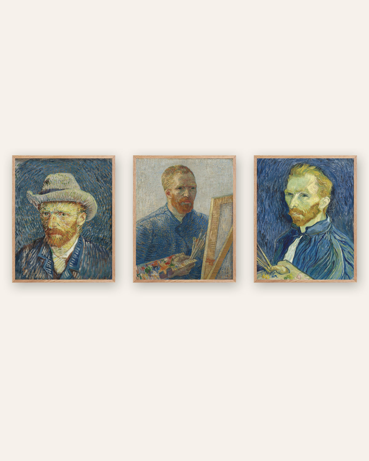 Van Gogh-postere med selvportretter, sett med 3: fra Paris til Saint-Rémy, i rammer av natureik