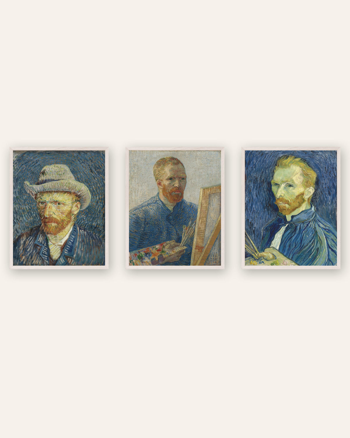 Van Gogh-postere med selvportretter, sett med 3: fra Paris til Saint-Rémy, i hvite eikerammer