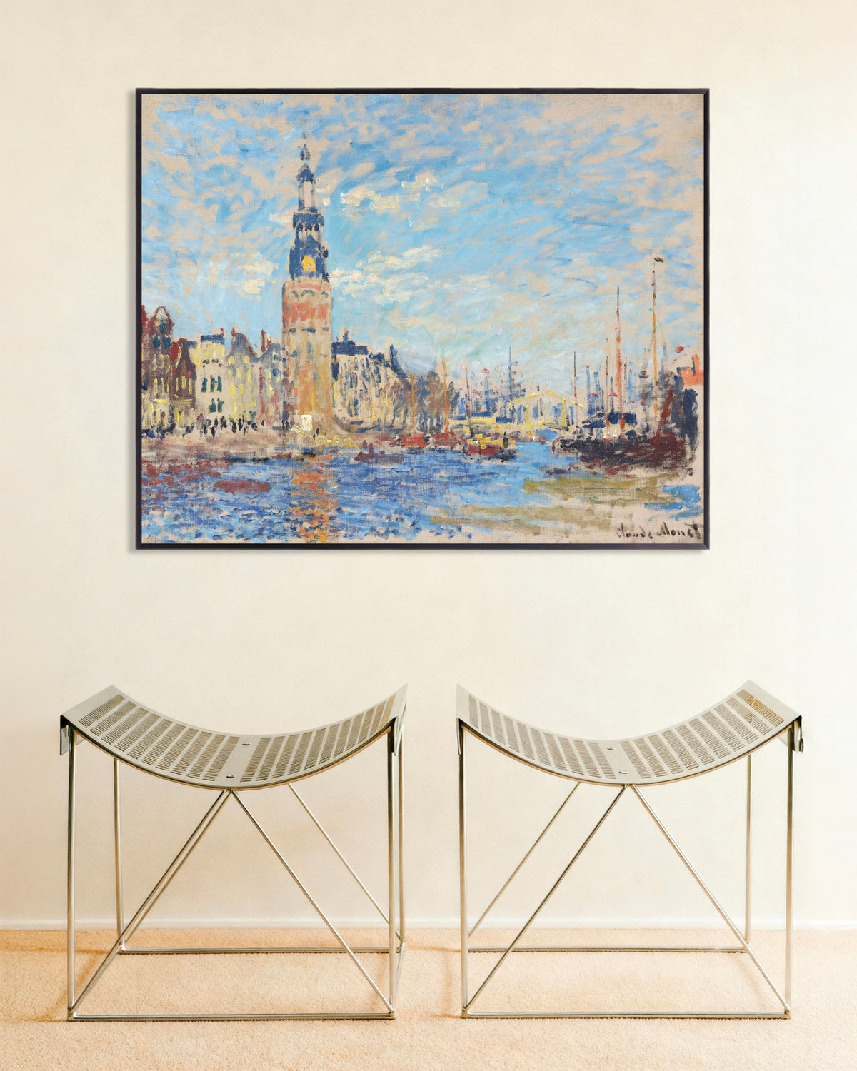 Plakat Utsikt mot Montelbaanstoren, Amsterdam (1874) av Claude Monet med metallramme