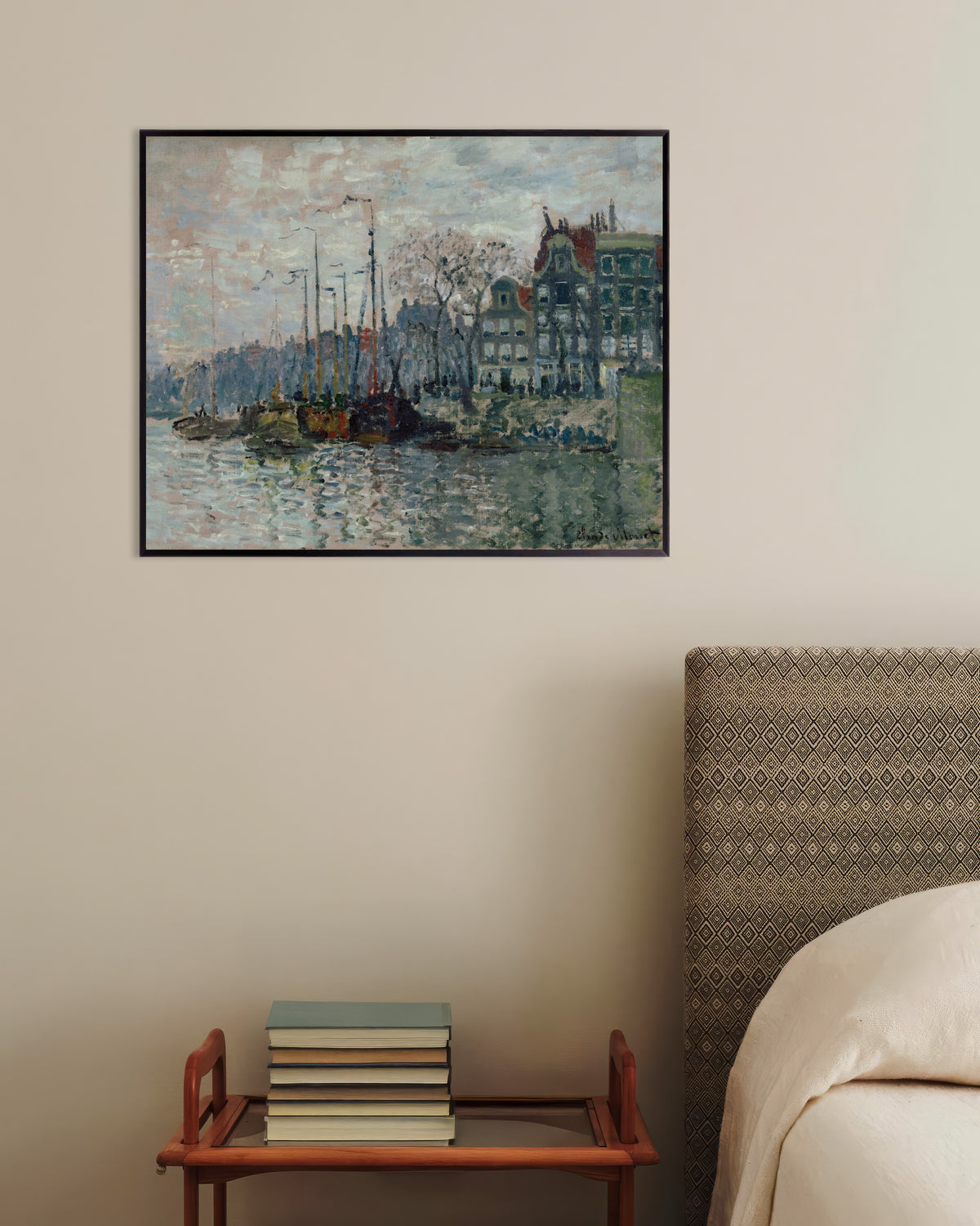 Poster of View of the Prins Hendrikkade and the Kromme Waal in Amsterdam (1874) by Claude Monet, with metal frame
