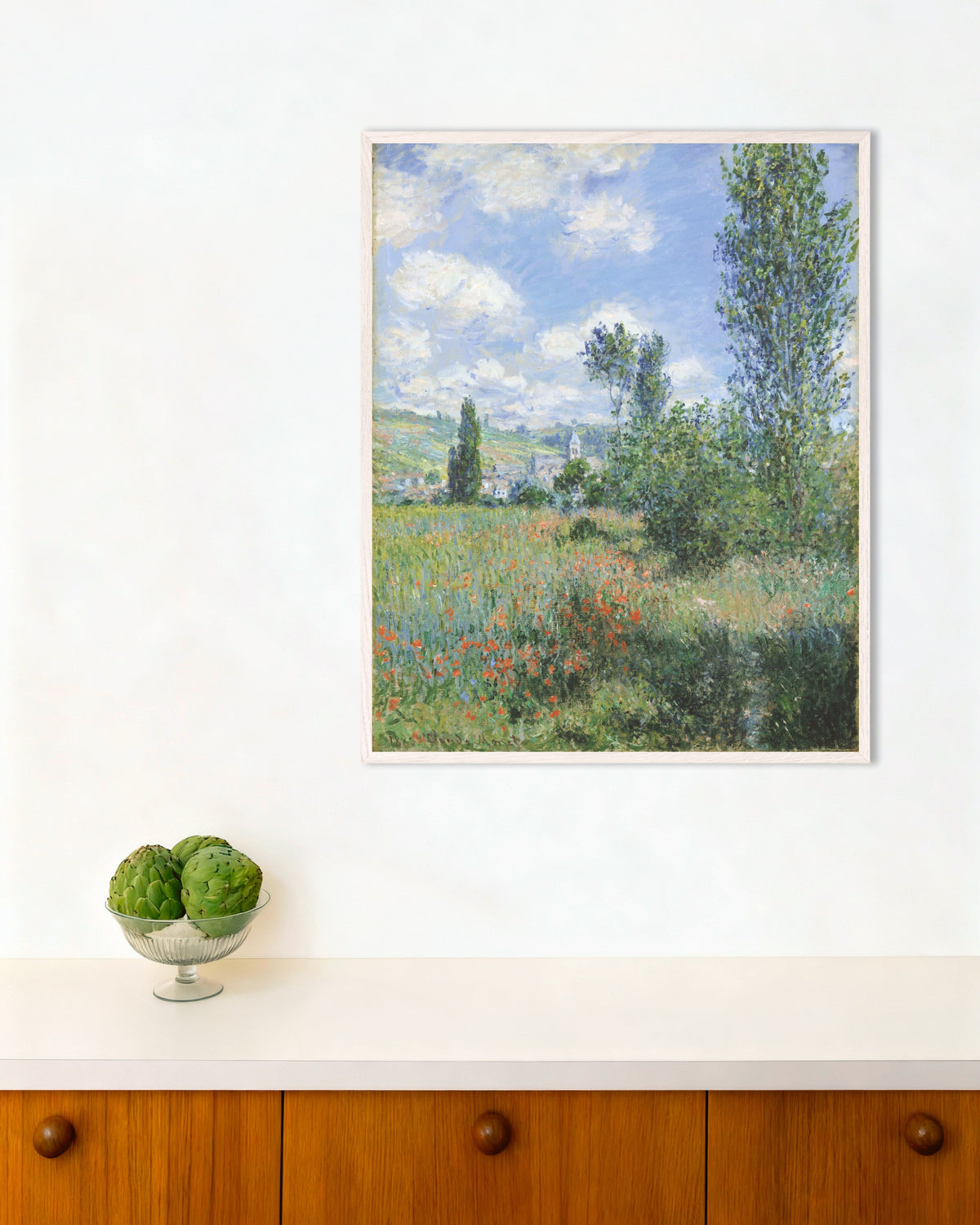 Poster of View of Vétheuil (1880) by Claude Monet, with white wooden frame