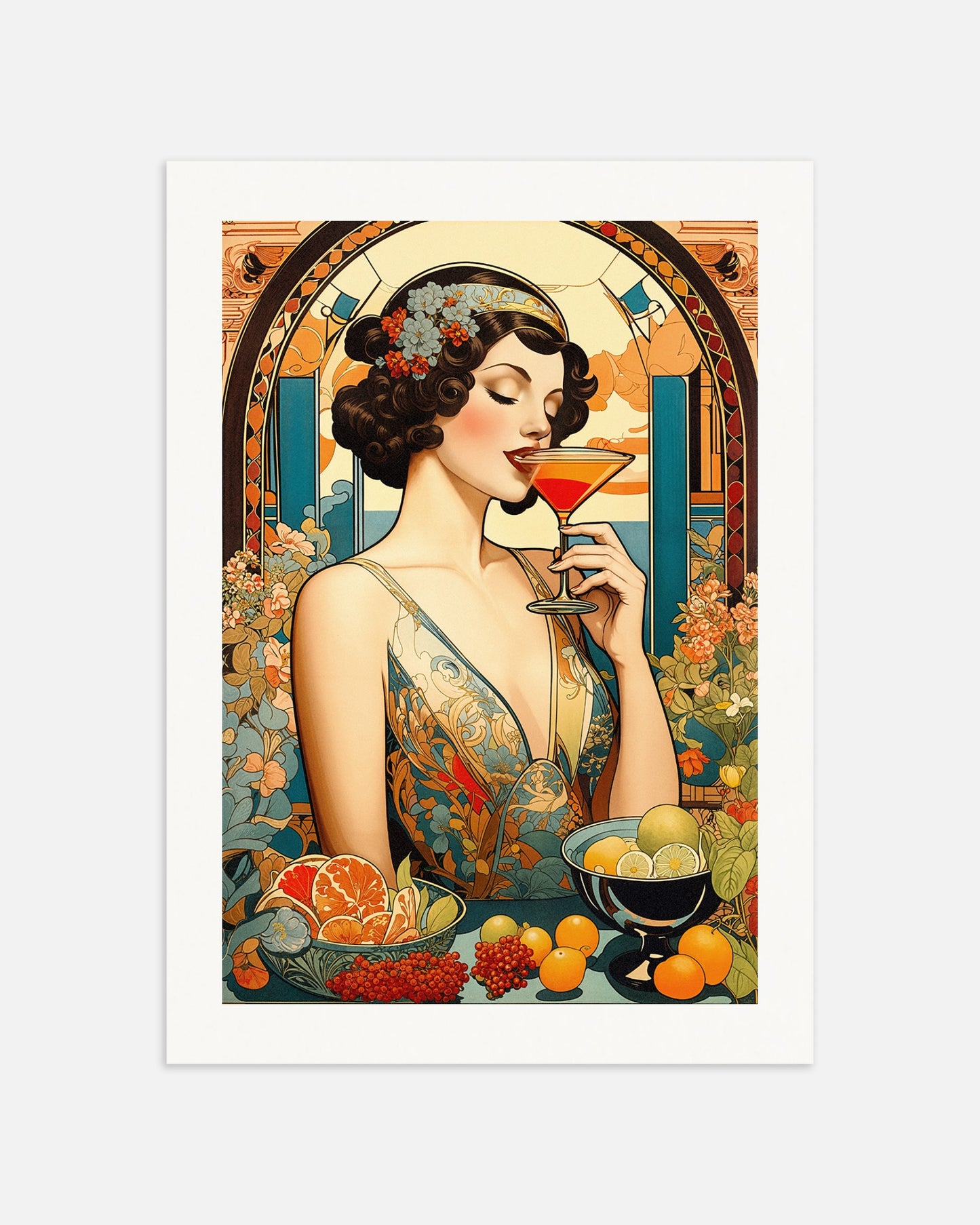 Poster with metal frame: Woman drinking a cocktail, art nouveau