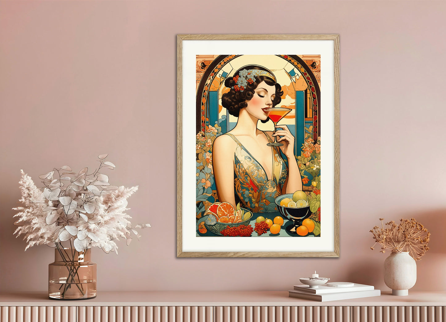 Poster with natural wood frame: Woman drinking a cocktail, art nouveau