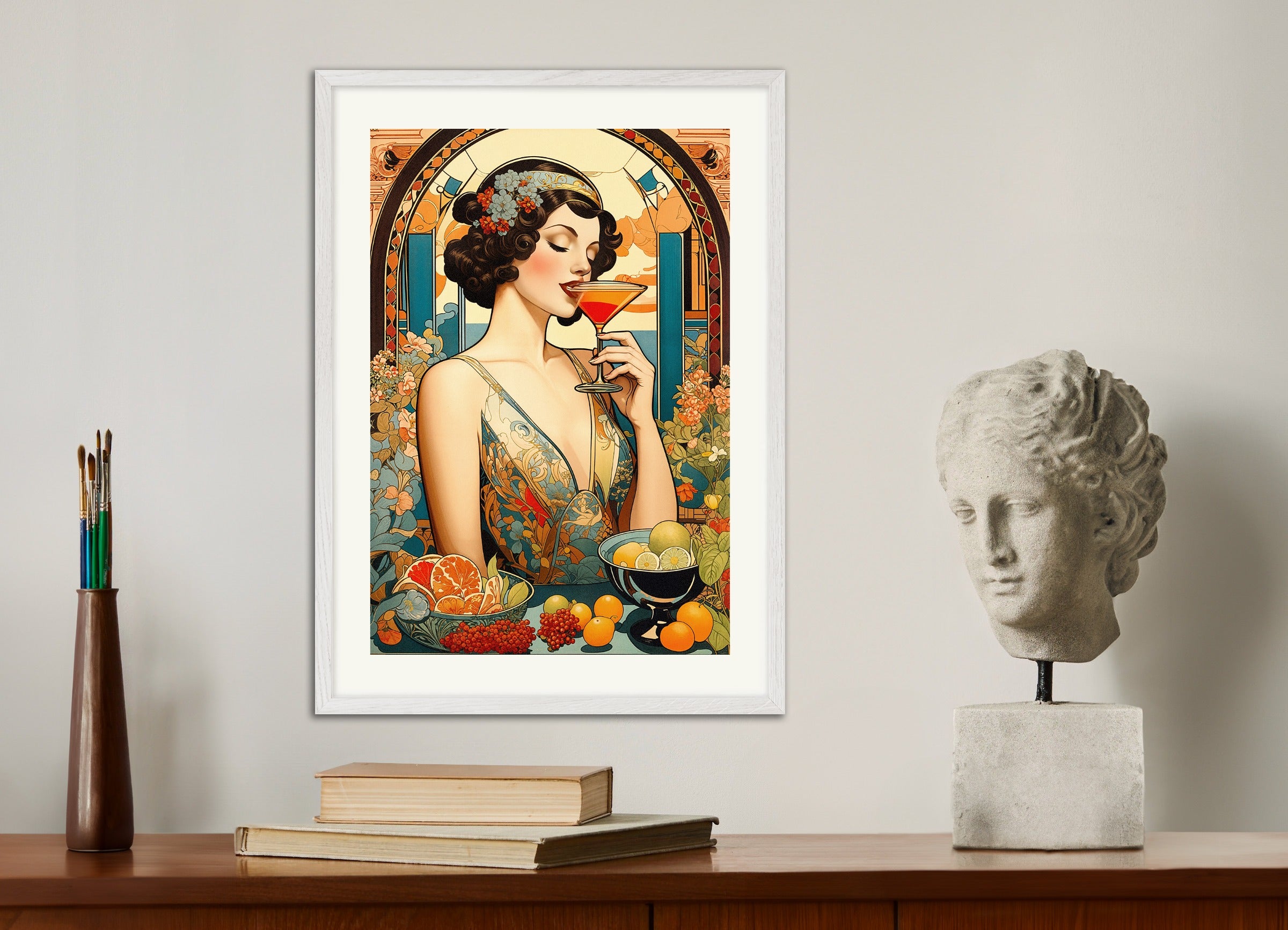 Poster with white wood frame: Woman drinking a cocktail, art nouveau