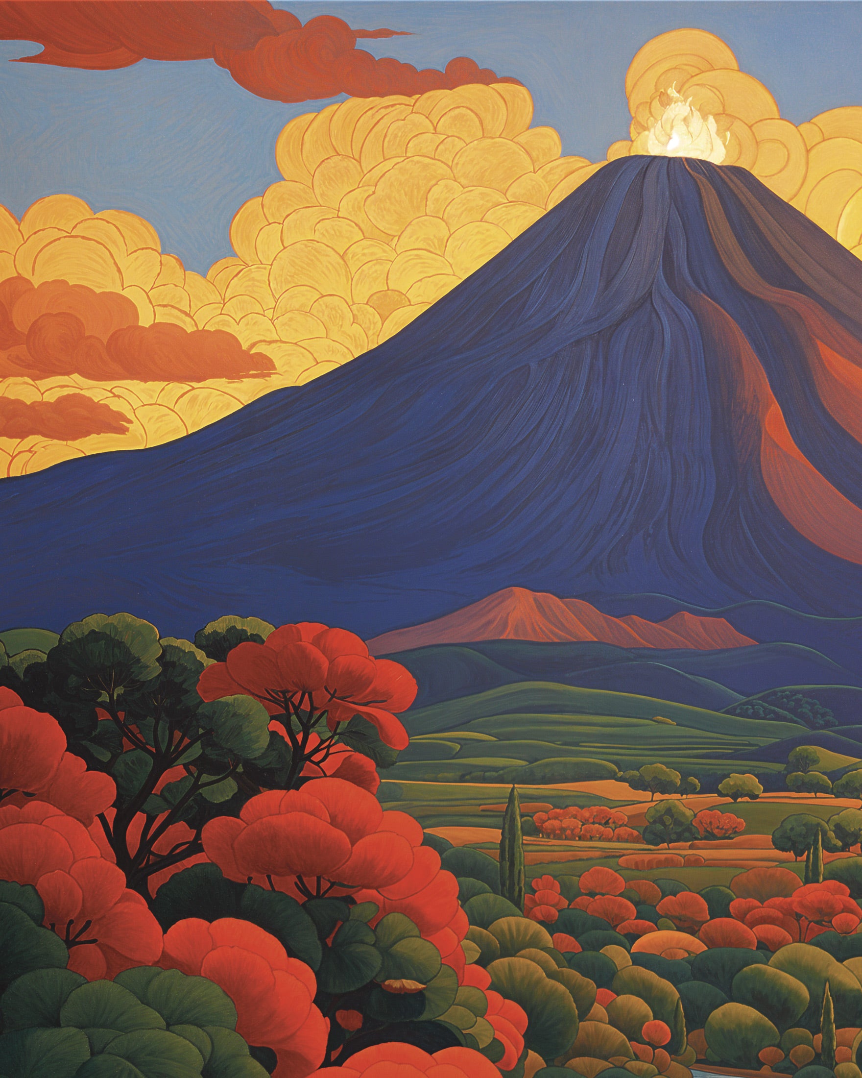 Volcano poster, mystical symbolist composition