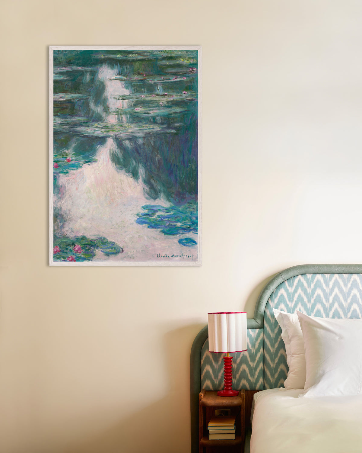 Poster of Water Lilies, Gray Weather (1907) by Claude Monet, with white wooden frame