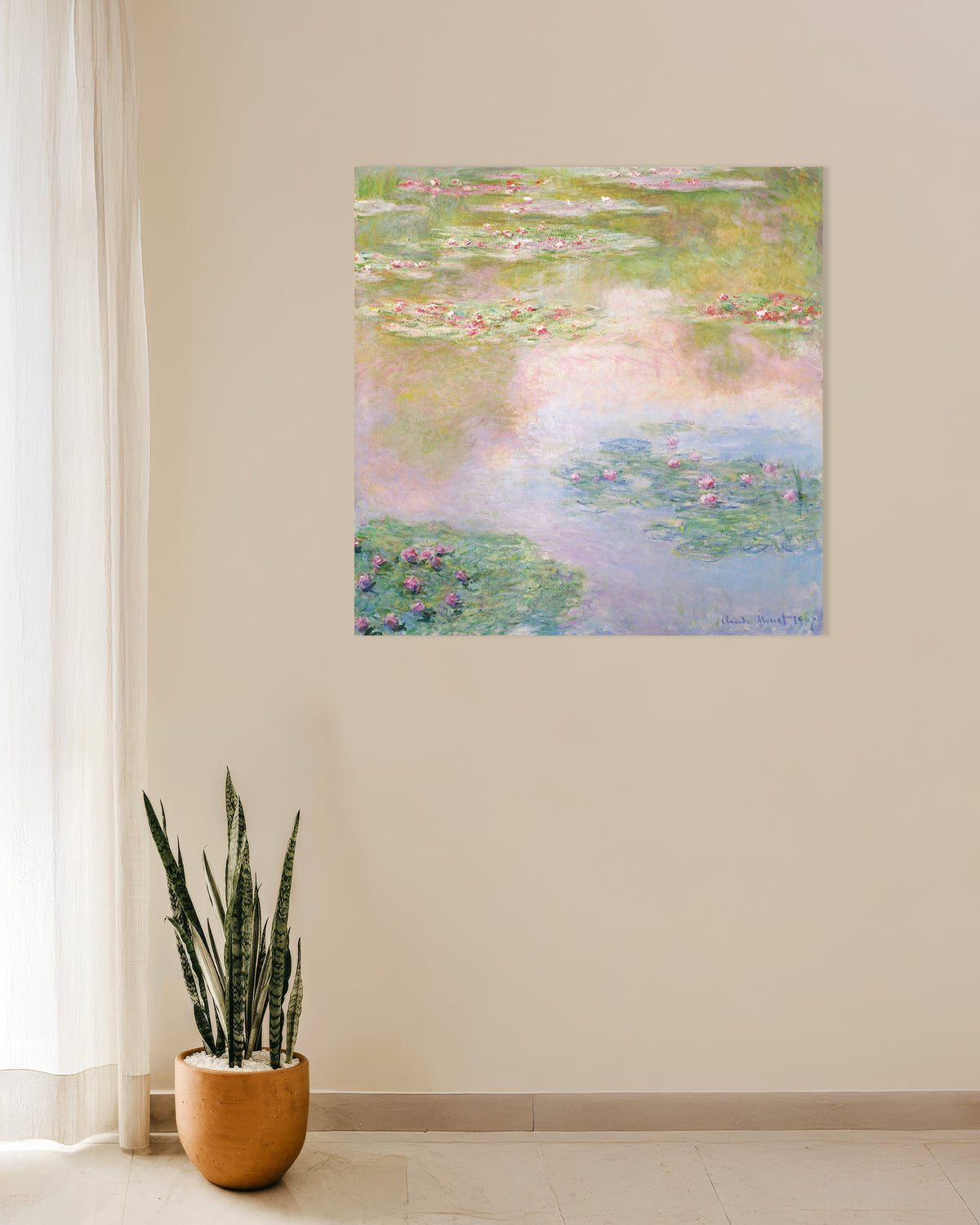 Plakat Vannliljer, rosa speilinger (1907) av Claude Monet