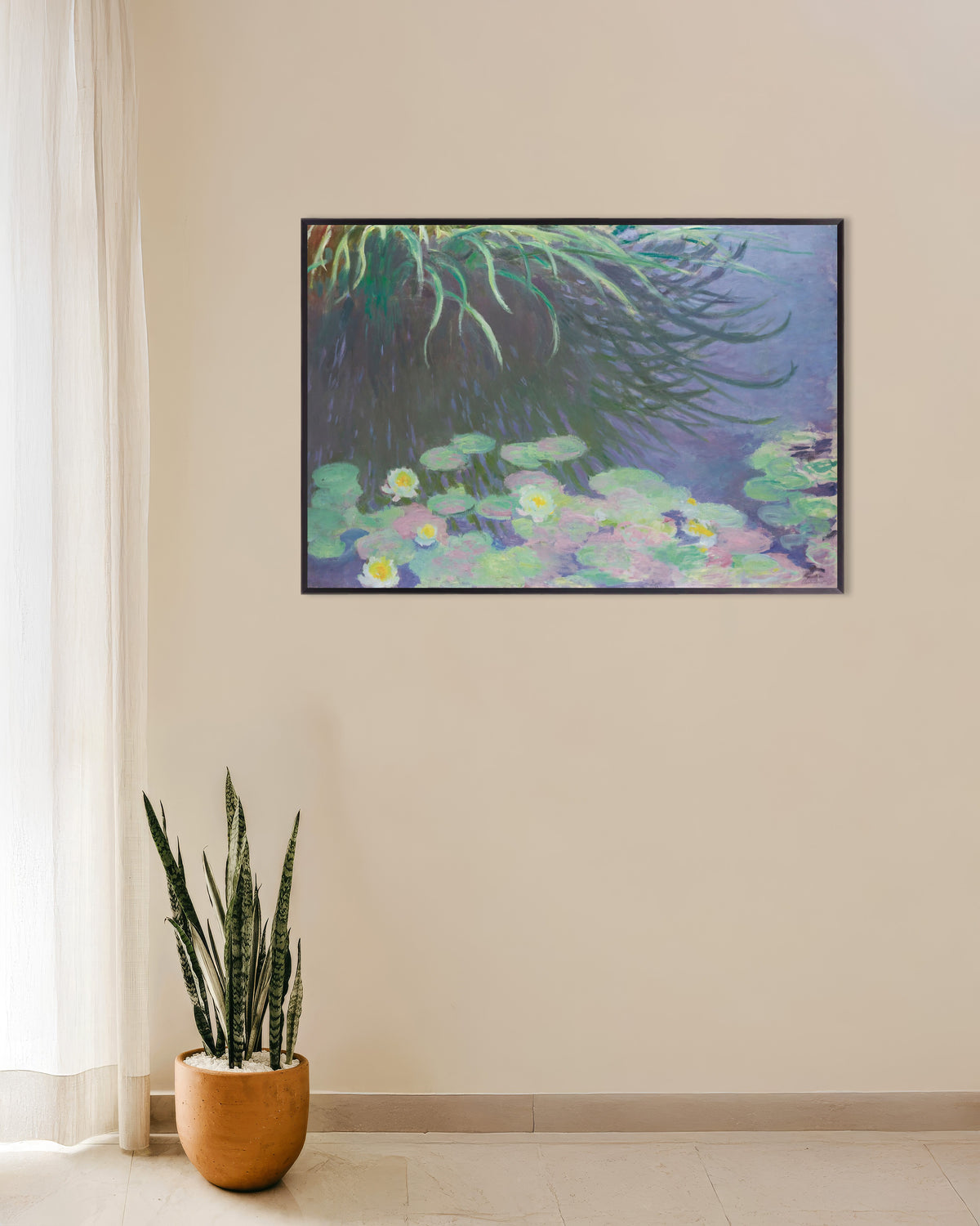 Plakat Vannliljer med speilinger av høyt gress (1914–1917) av Claude Monet med metallramme
