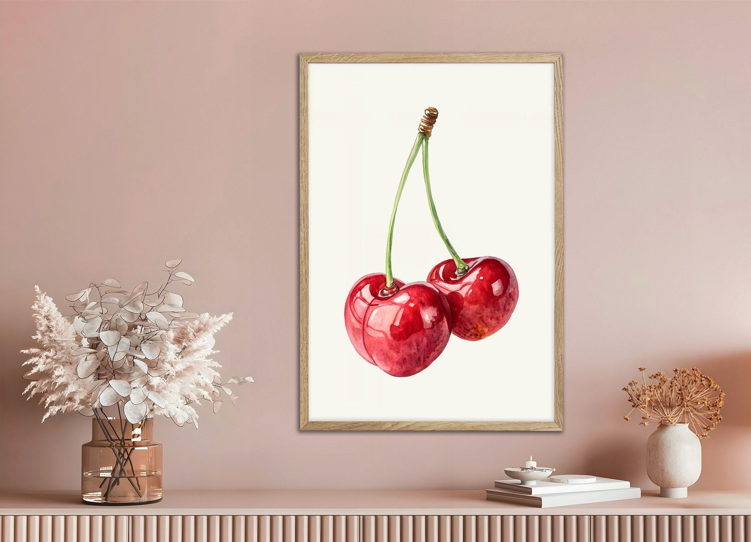 Poster of Watercolor Cherry Art Print – Fruit Wall Decor Poster, with natural wooden frame