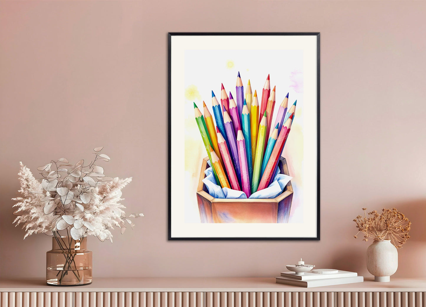 Poster of watercolor colored pencils, with metal frame