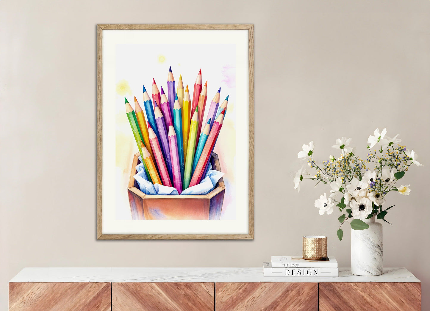 Poster of watercolor colored pencils, with natural wooden frame