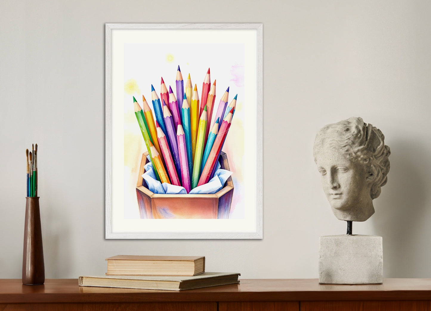 Poster of watercolor colored pencils, with white wooden frame