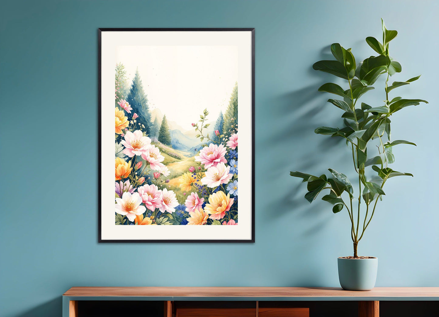 Poster of Watercolor flowers birthday, with metal frame