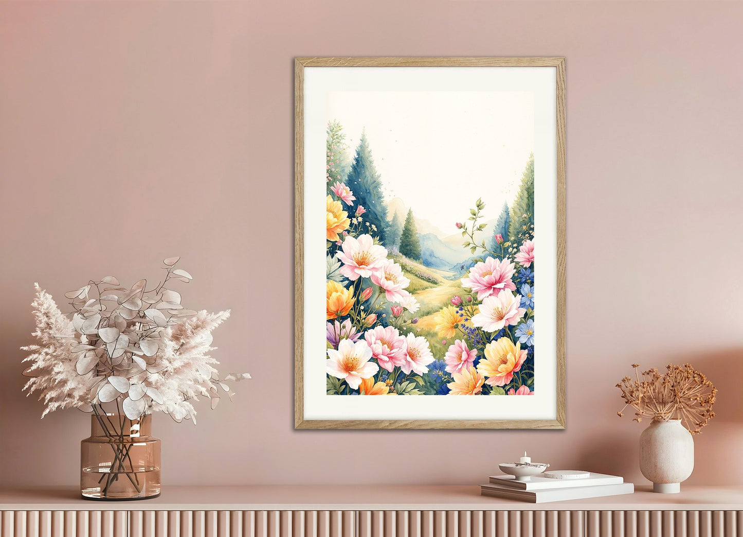 Poster of Watercolor flowers birthday, with natural wooden frame