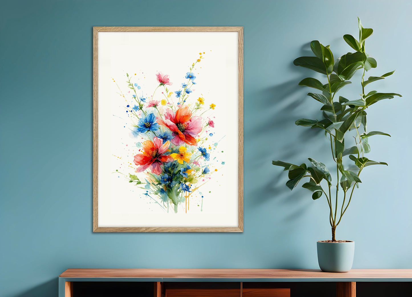 Poster of Watercolor flowers, with natural wooden frame