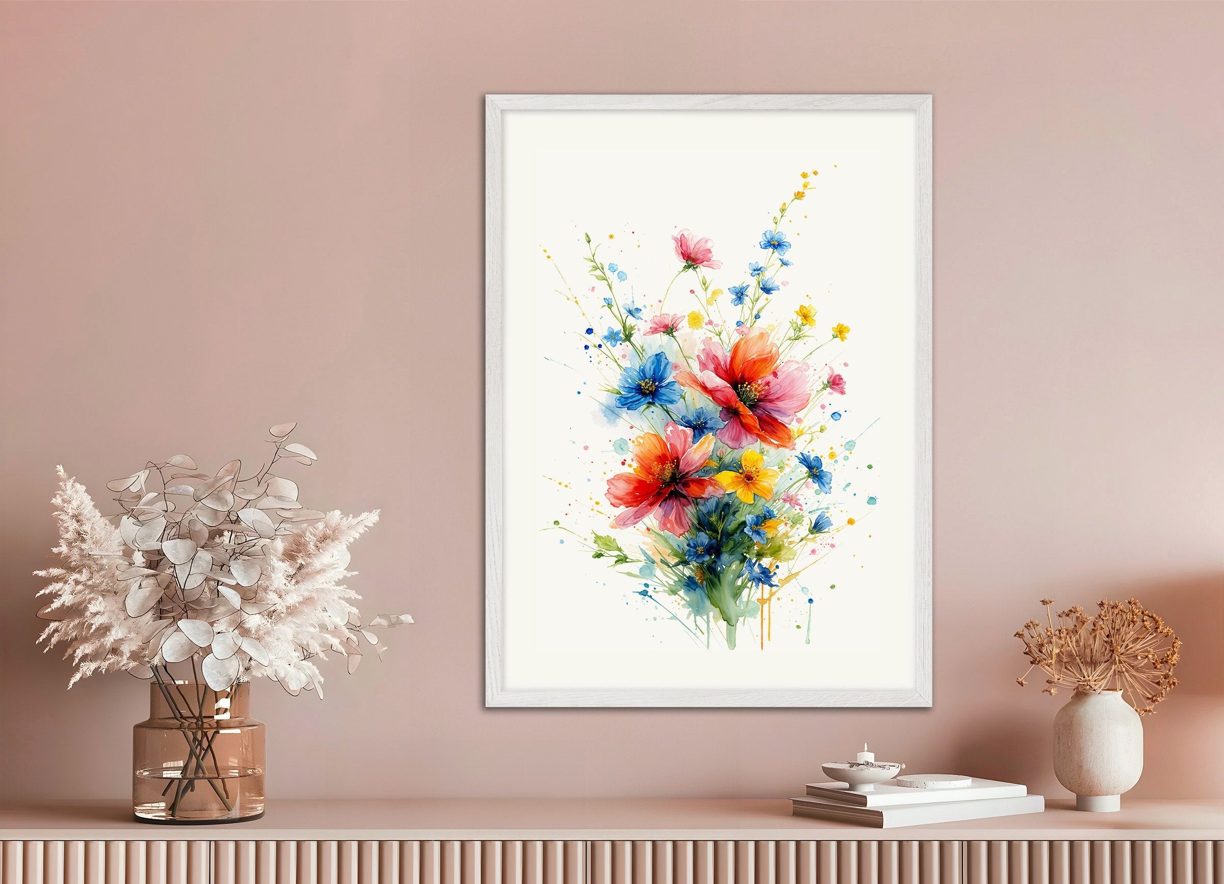 Poster of Watercolor flowers, with white wooden frame