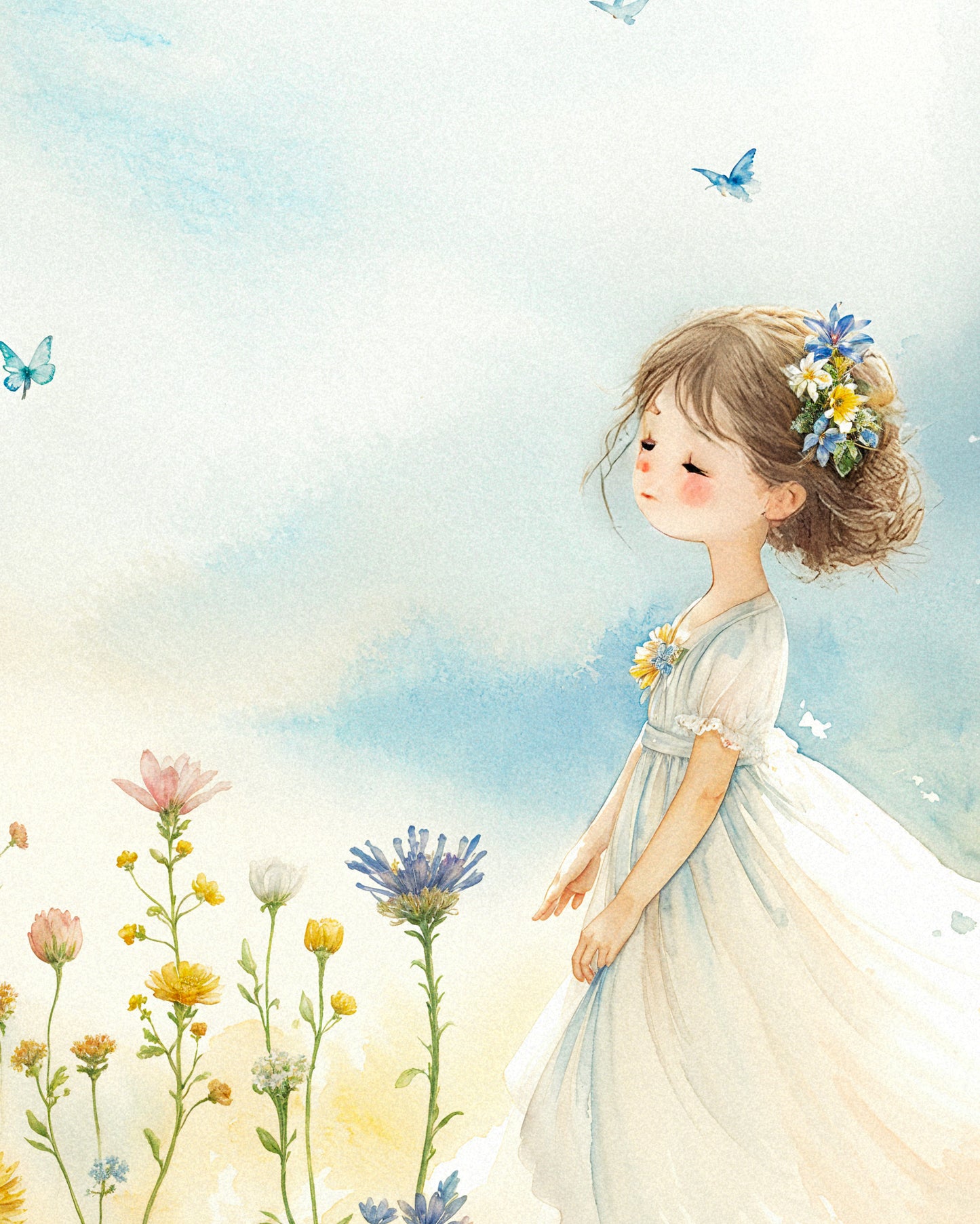 Watercolor painting, young girl and flowers - Poster