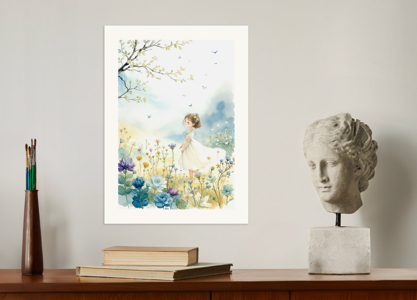 Poster of Watercolor painting, young girl and flowers