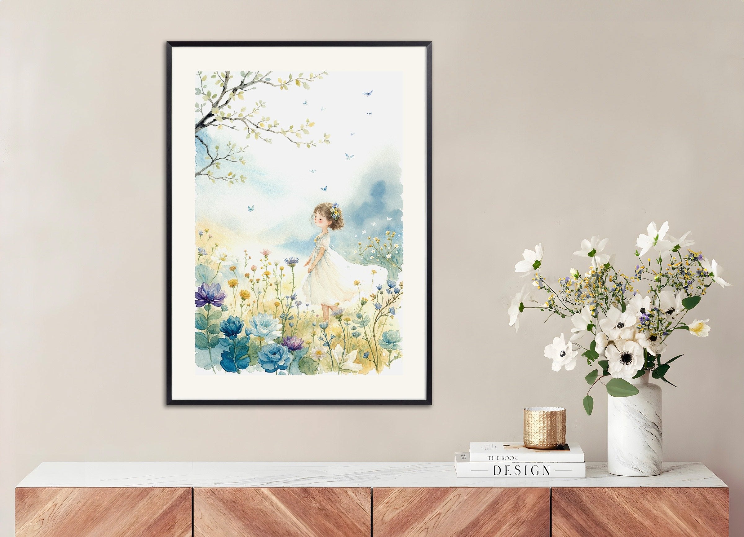 Poster of Watercolor painting, young girl and flowers, with metal frame