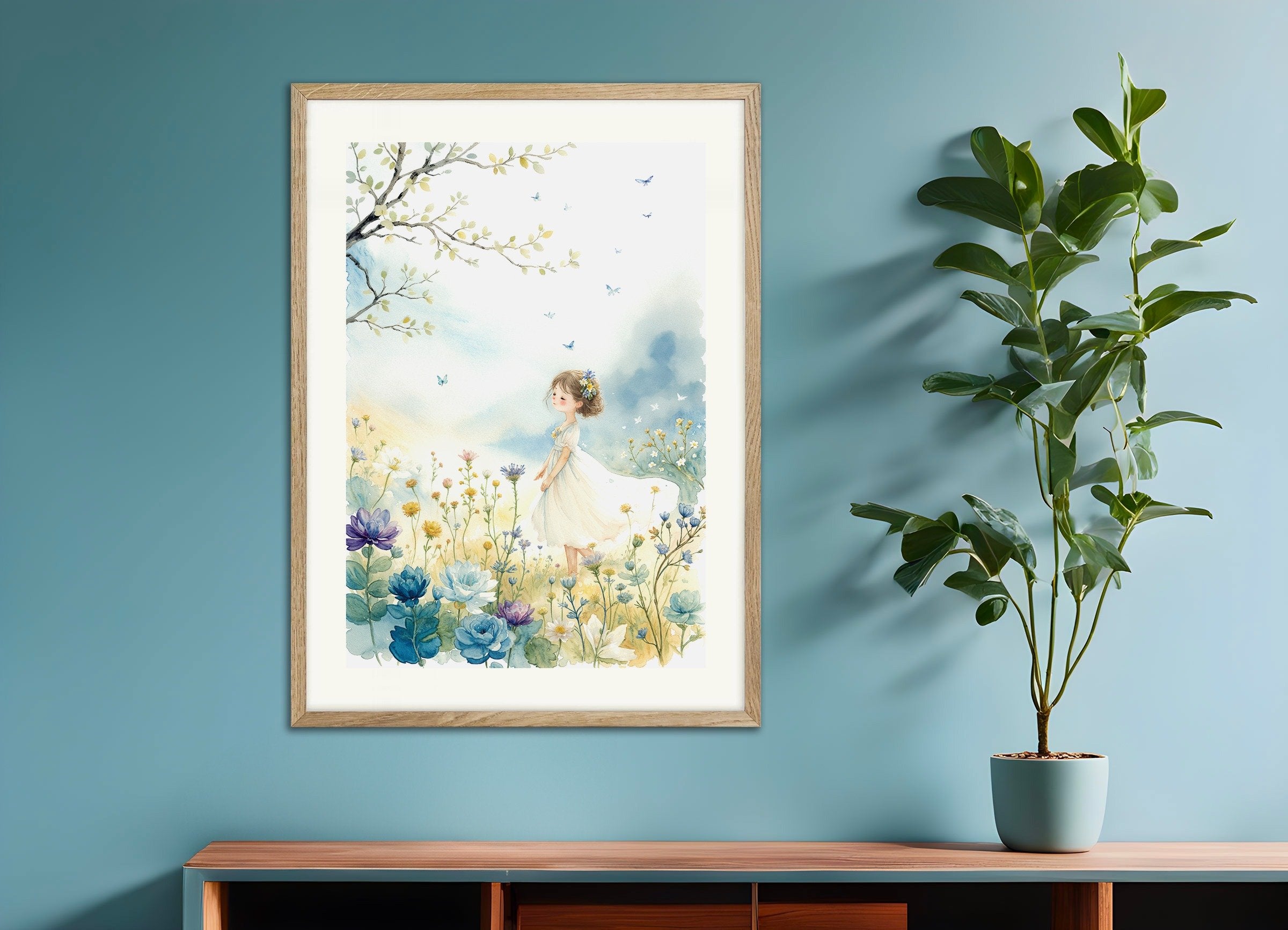 Poster of Watercolor painting, young girl and flowers, with natural wooden frame