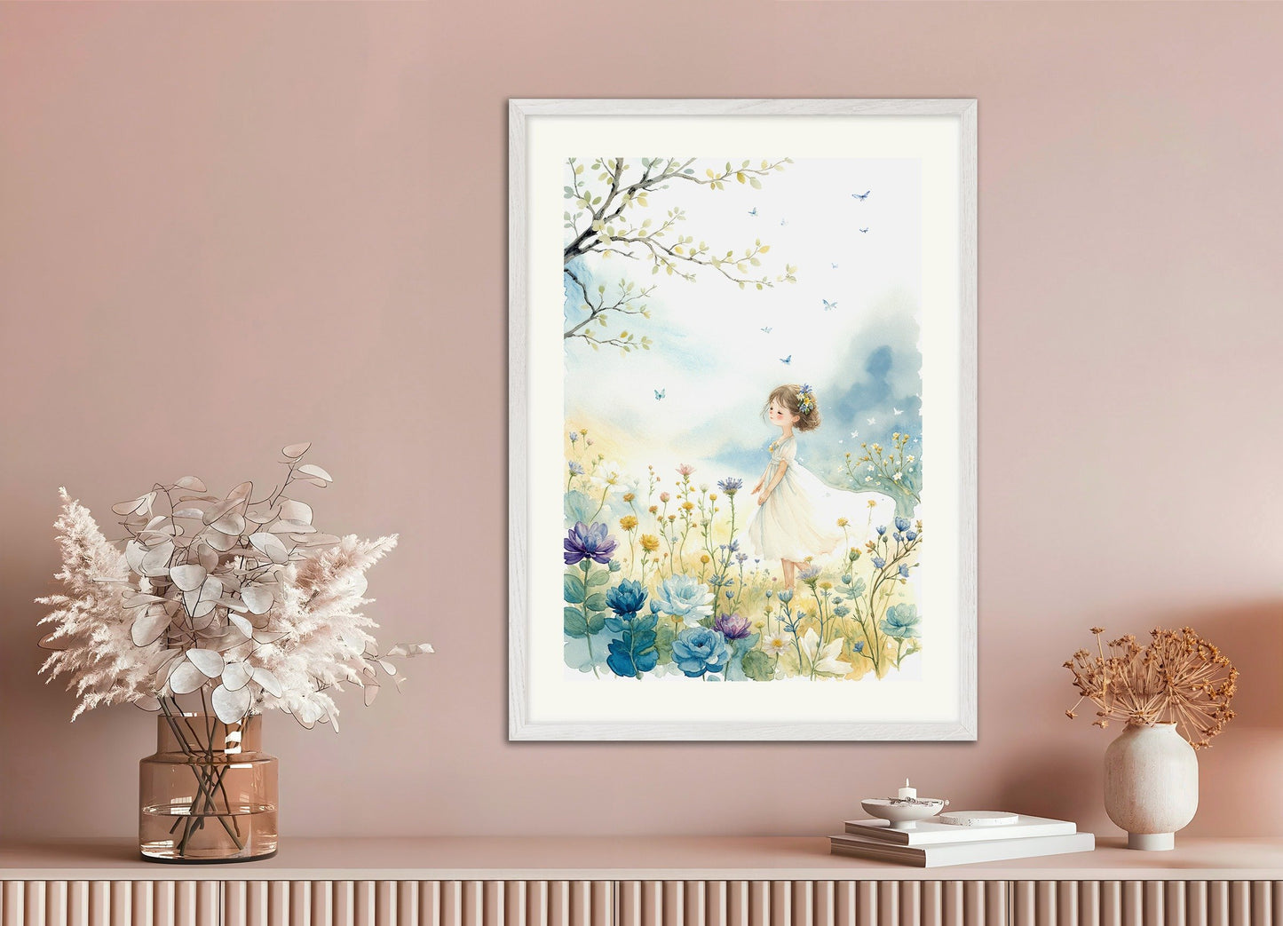 Poster of Watercolor painting, young girl and flowers, with white wooden frame