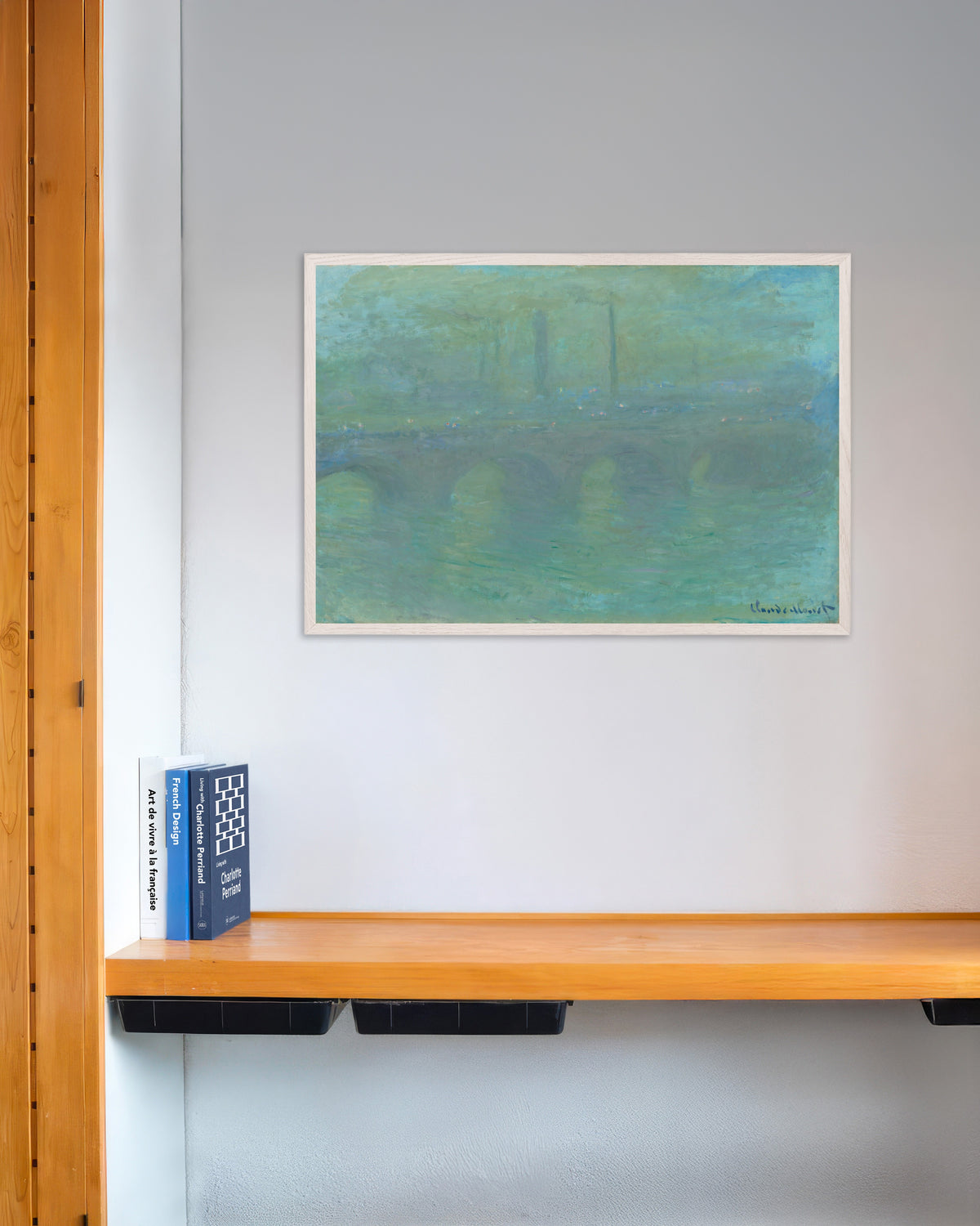 Plakat Waterloo Bridge, London, i skumringen (1904) av Claude Monet med hvit treramme