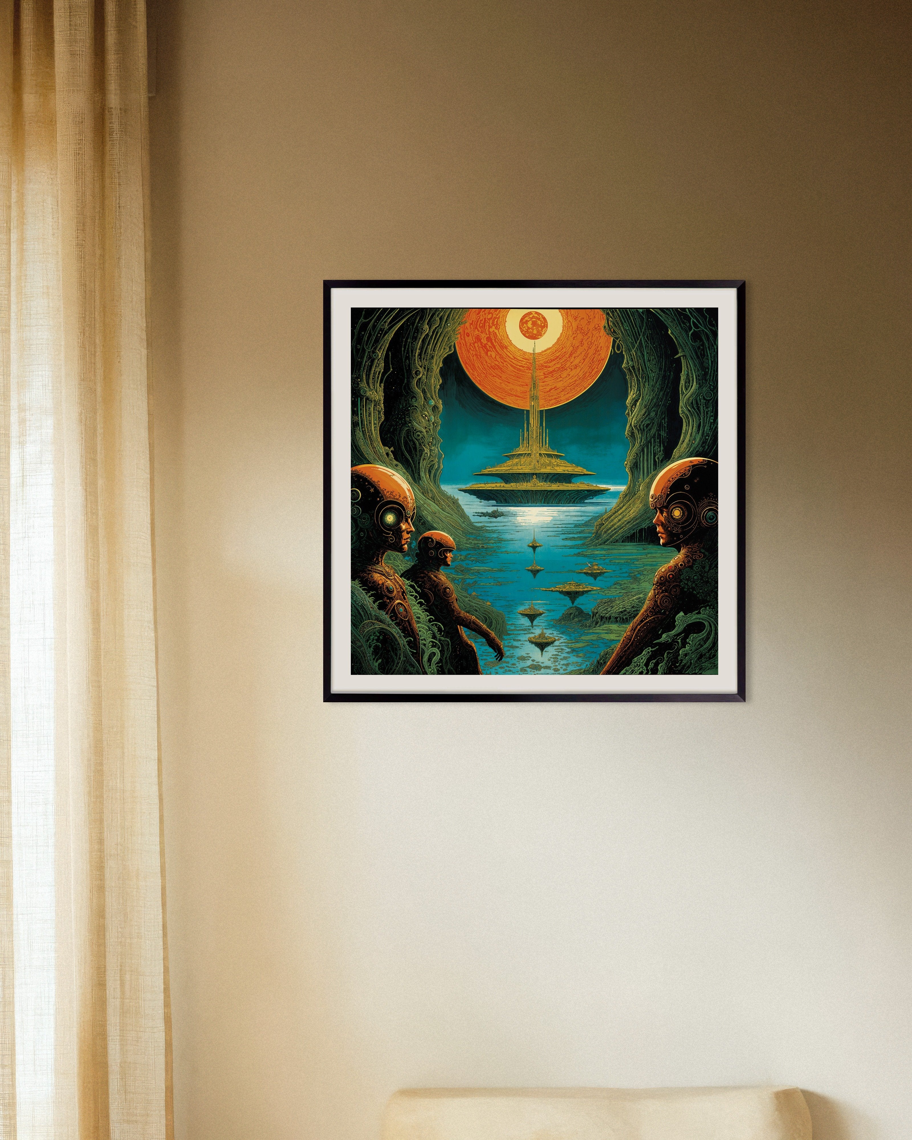 Poster of We Merged the Sky and the Ocean - Sci-Fi Cityscape, with metal frame