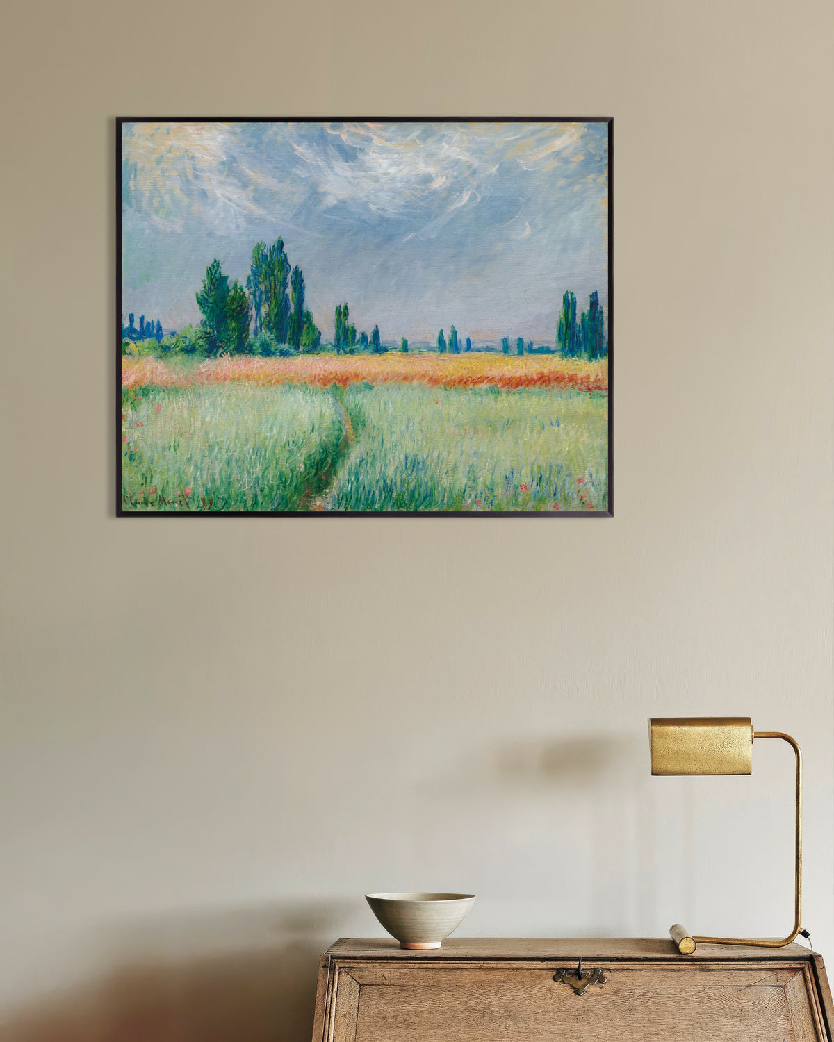 Plakat Hveteåker (1881) av Claude Monet med metallramme
