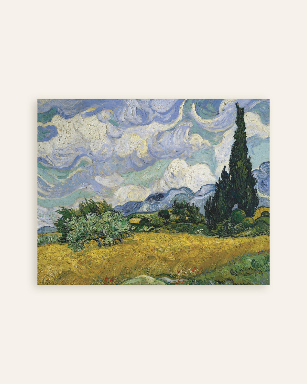 Poster av Hvetemark med sypresser (1889) av Vincent van Gogh, miniatyrbilde