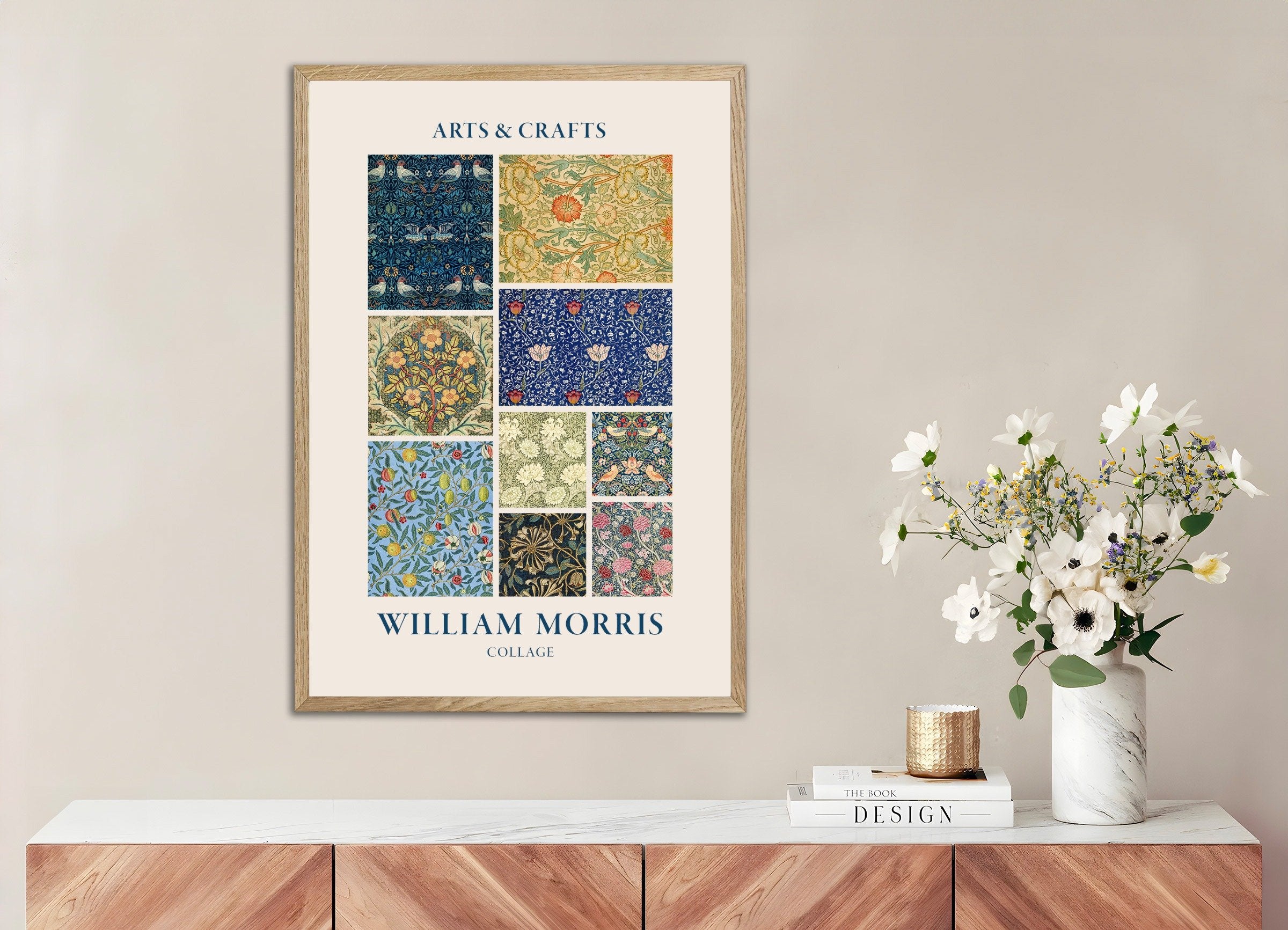 Poster of William Morris poster, floral mosaic, with natural wooden frame