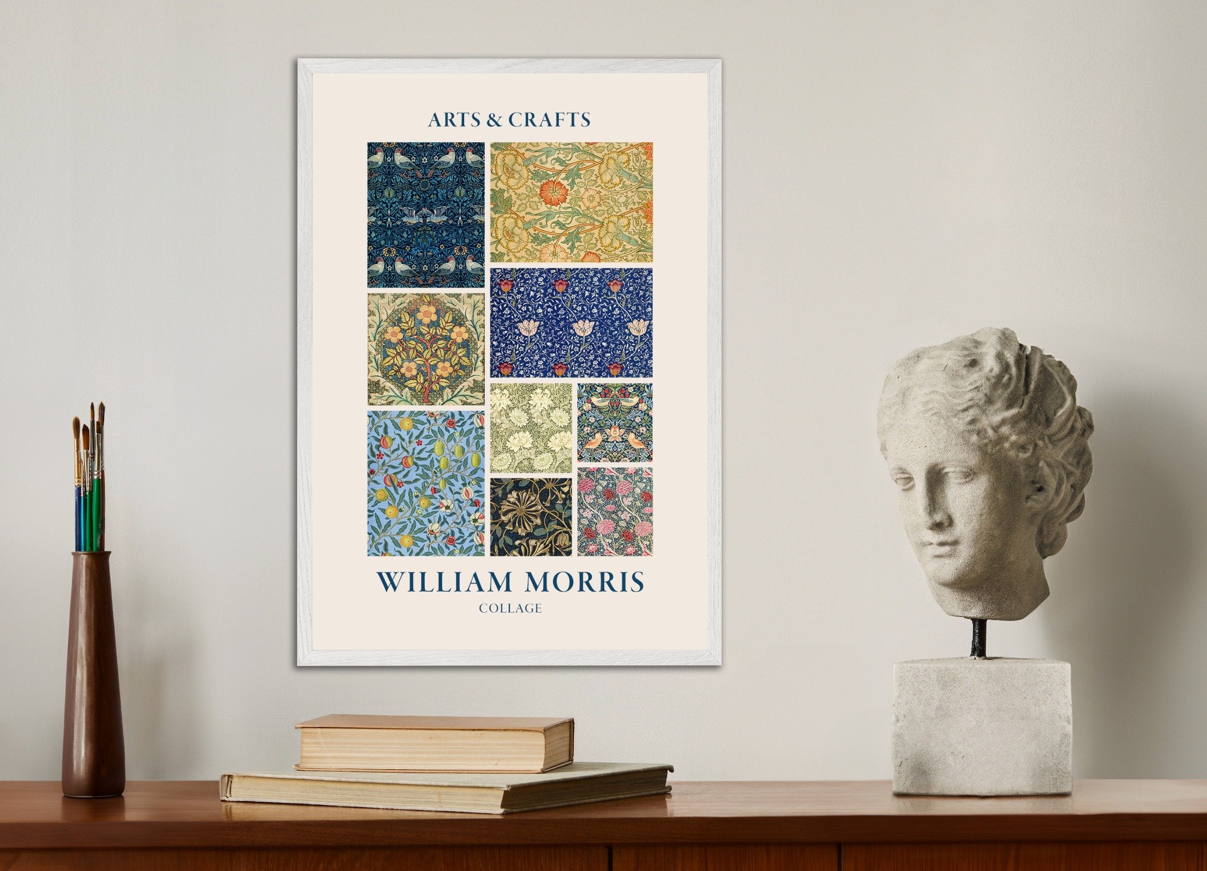 Poster of William Morris poster, floral mosaic, with white wooden frame