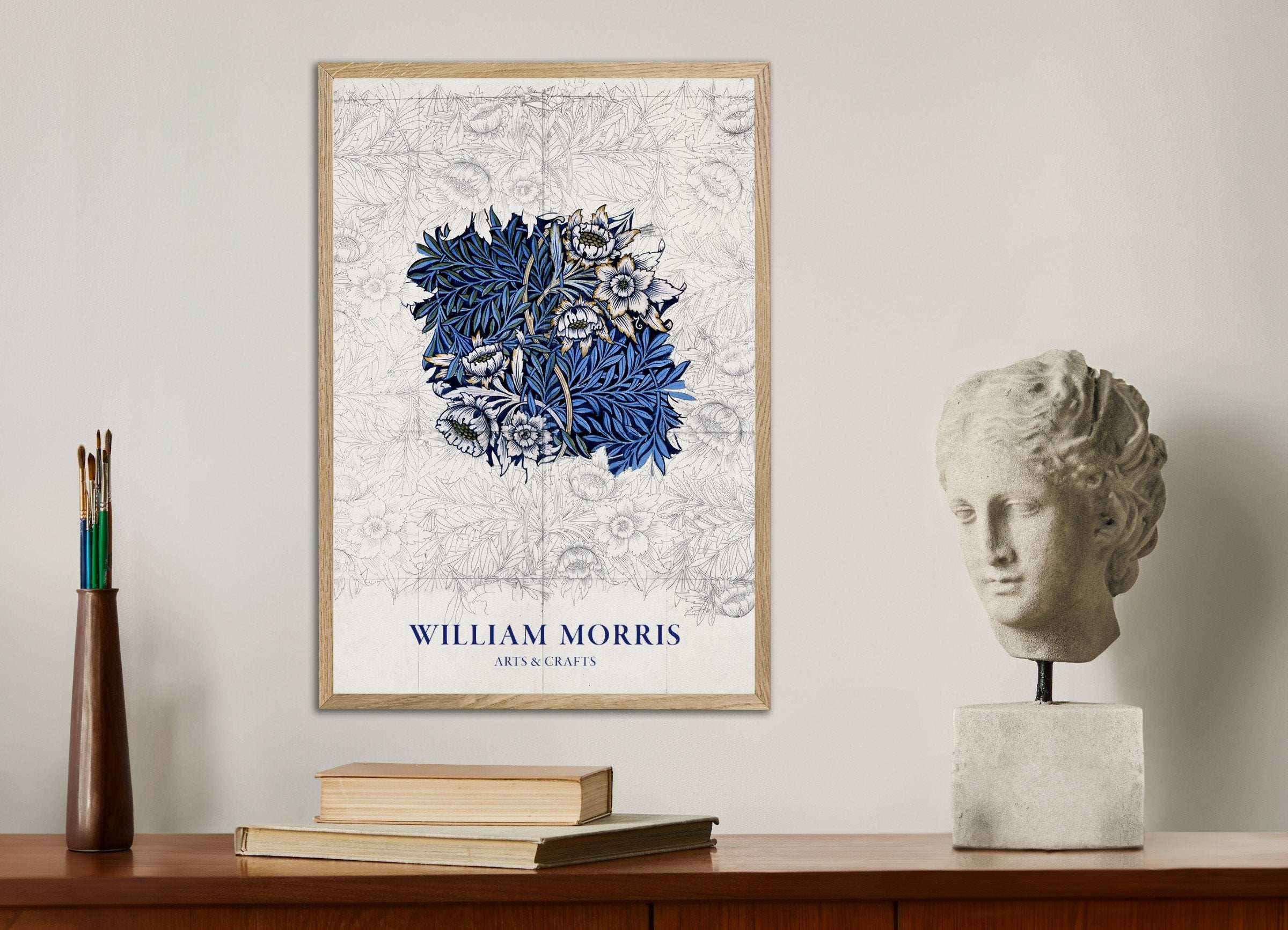 Poster of William Morris, preparatory work, with natural wooden frame