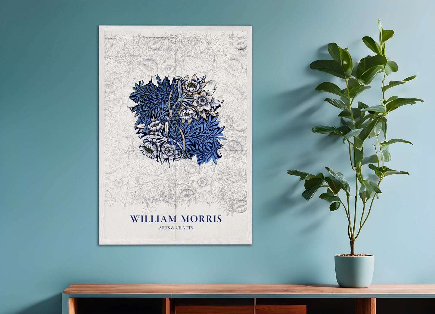 Poster of William Morris, preparatory work, with white wooden frame