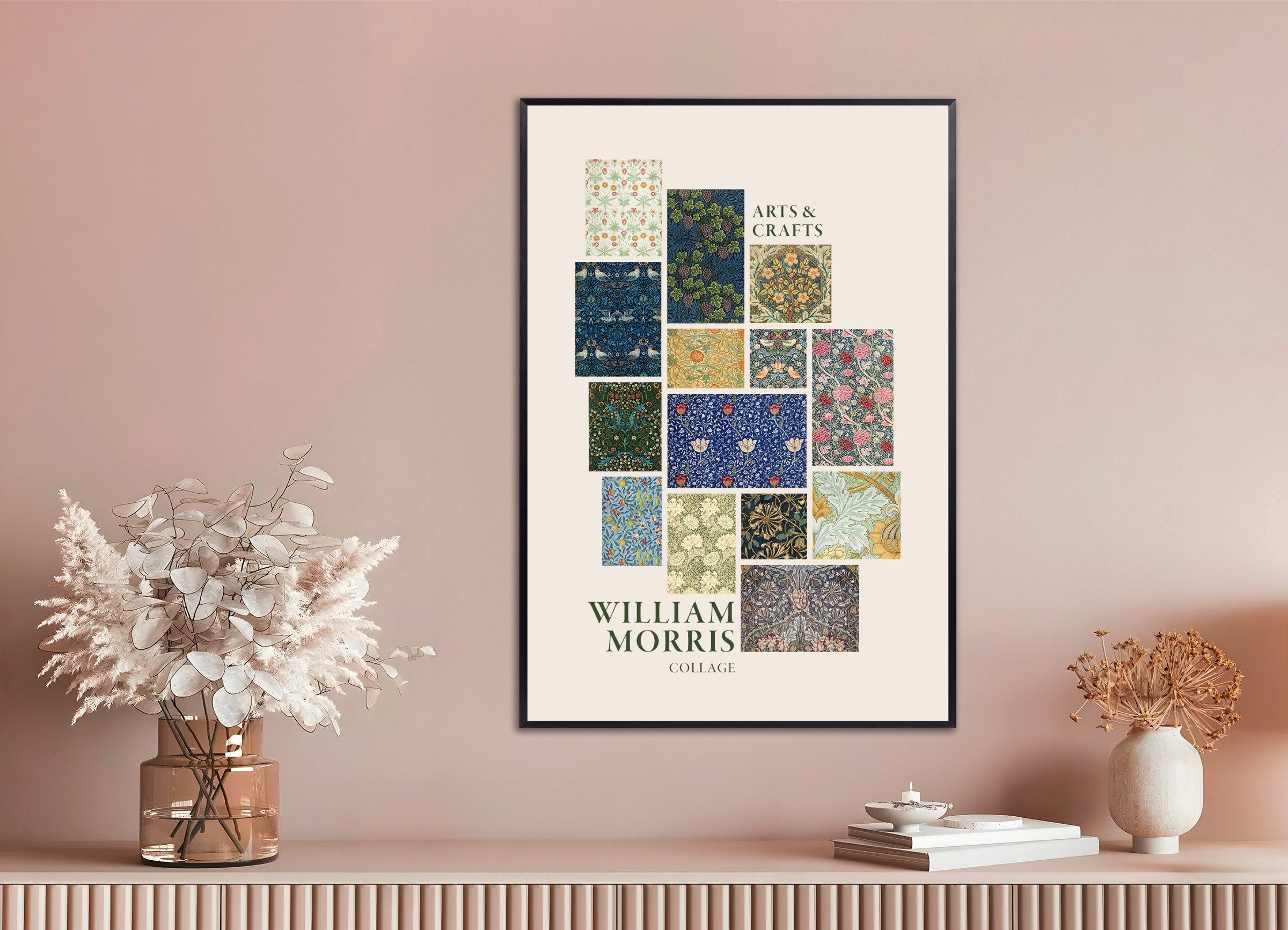 Poster of William Morris wallpapers and fabrics, collage, with metal frame