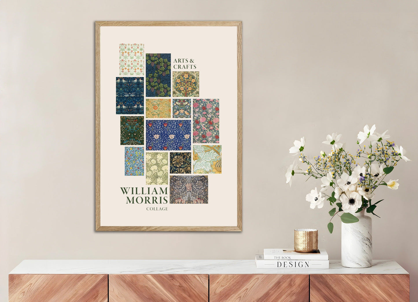 Poster of William Morris wallpapers and fabrics, collage, with natural wooden frame