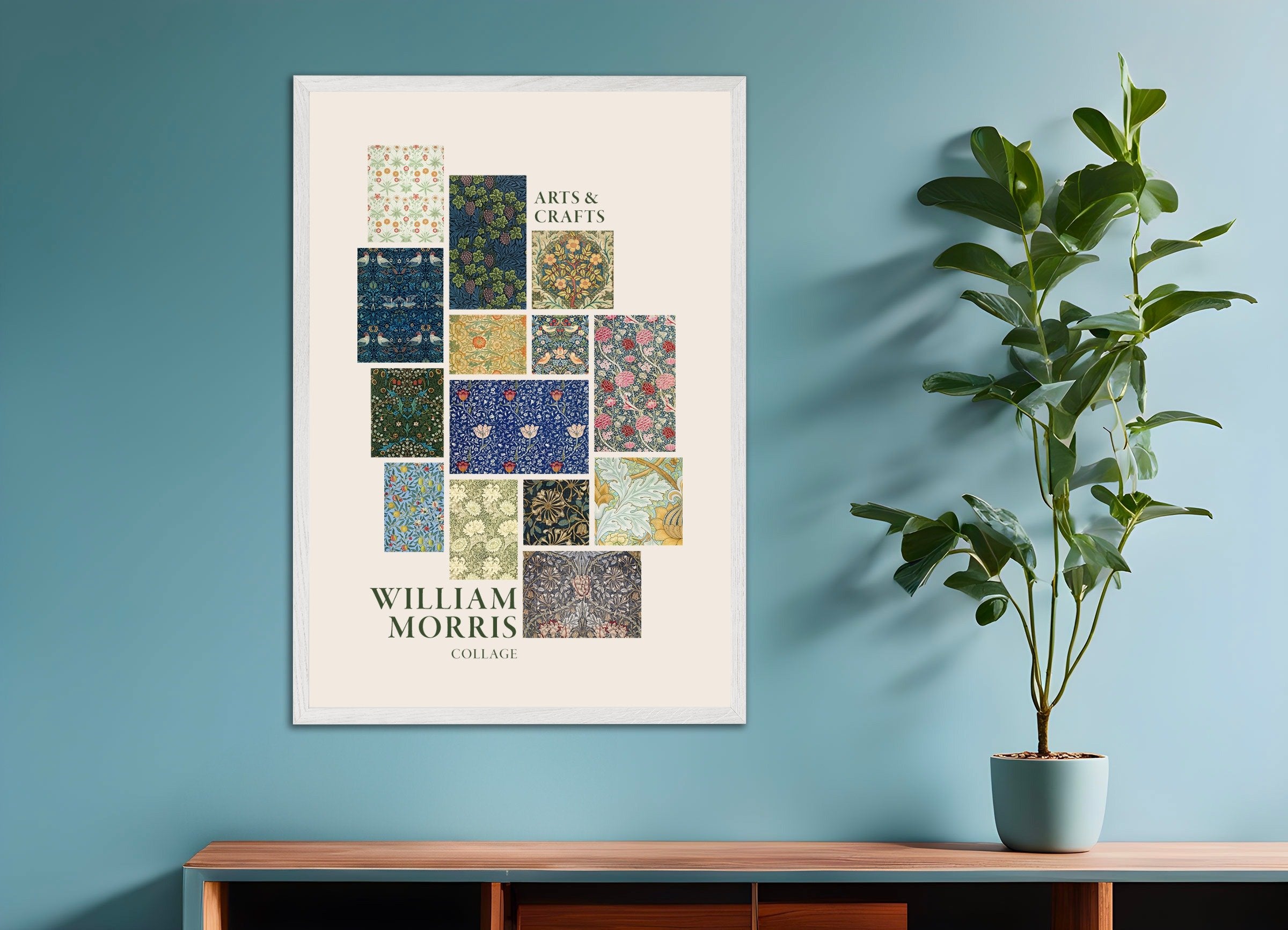 Poster of William Morris wallpapers and fabrics, collage, with white wooden frame