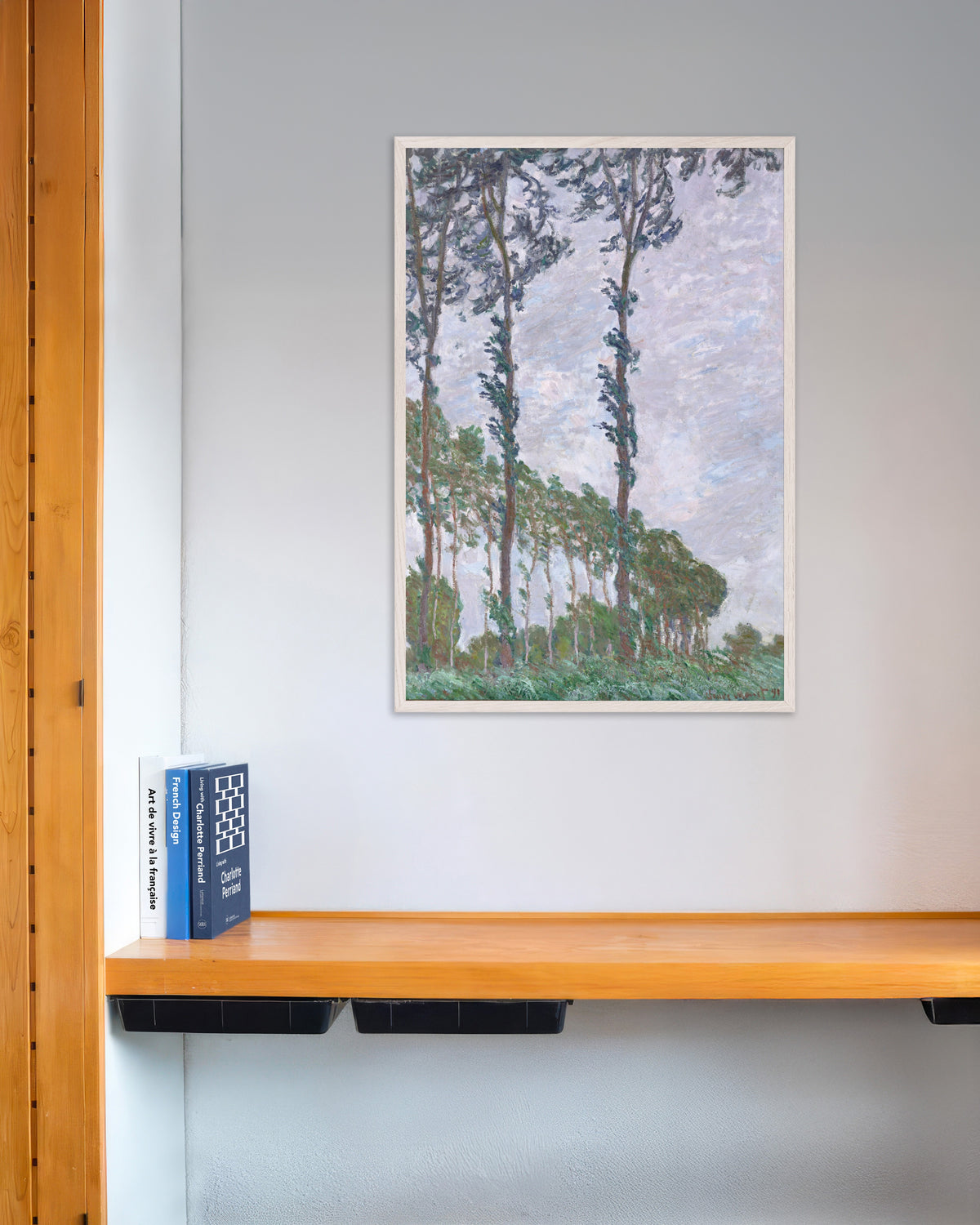 Plakat Popler, vindeffekt (1891) av Claude Monet med hvit treramme
