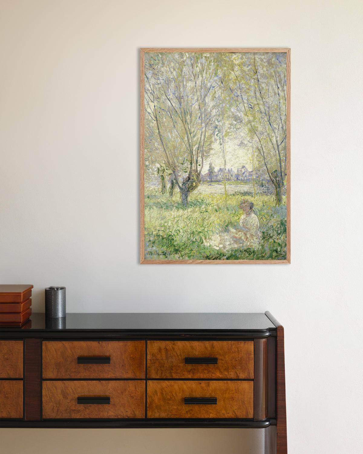 Poster of Woman Seated under the Willows (1880) by Claude Monet, with natural wooden frame