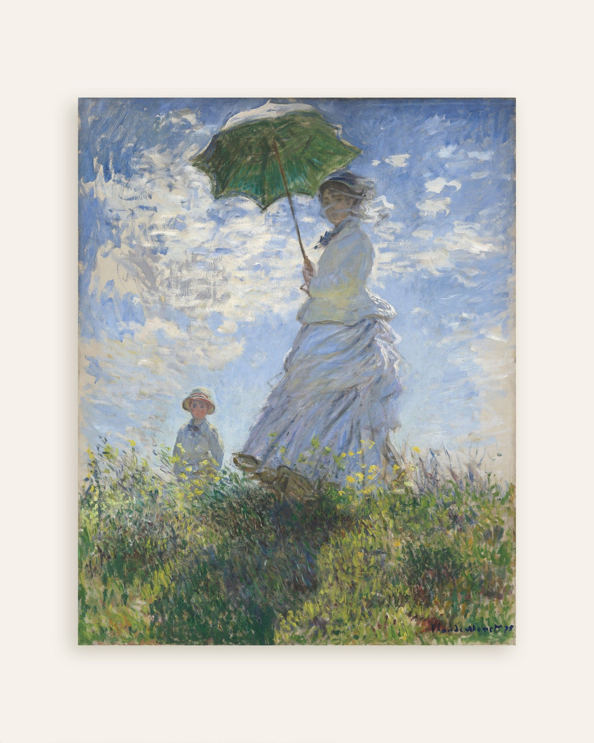 Plakat Kvinne med parasoll, Madame Monet og sønnen hennes (1875) av Claude Monet, miniatyr