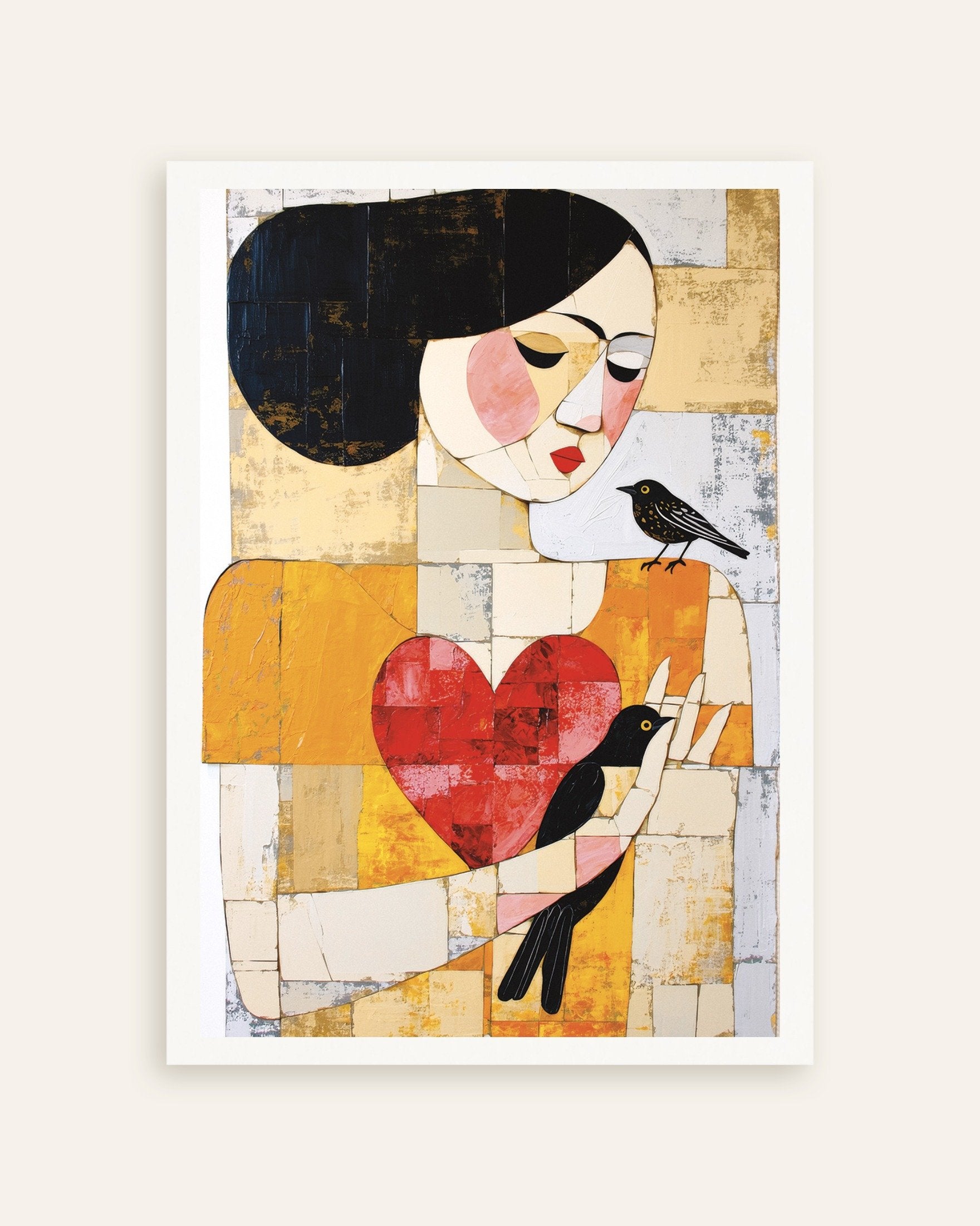 Poster of Woman with birds abstract art print, thumbnail