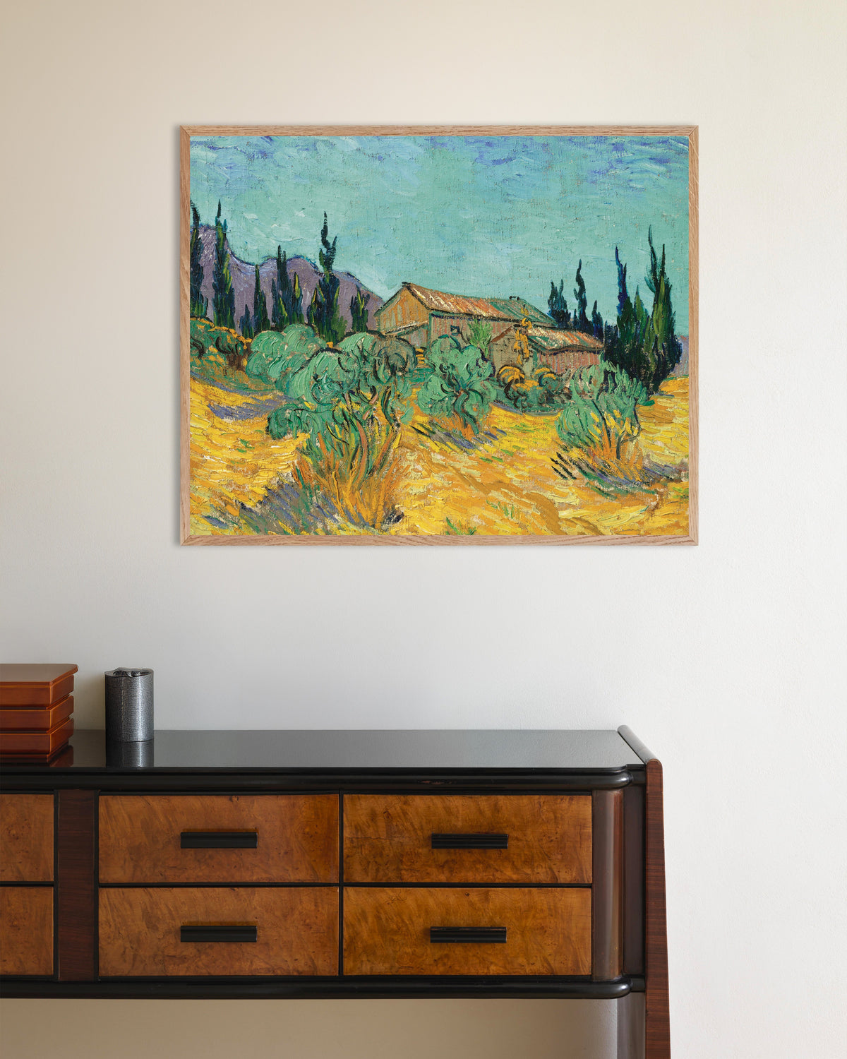 Poster of Wooden Huts among Olive Trees and Cypresses (1889) by Vincent van Gogh, with natural wooden frame