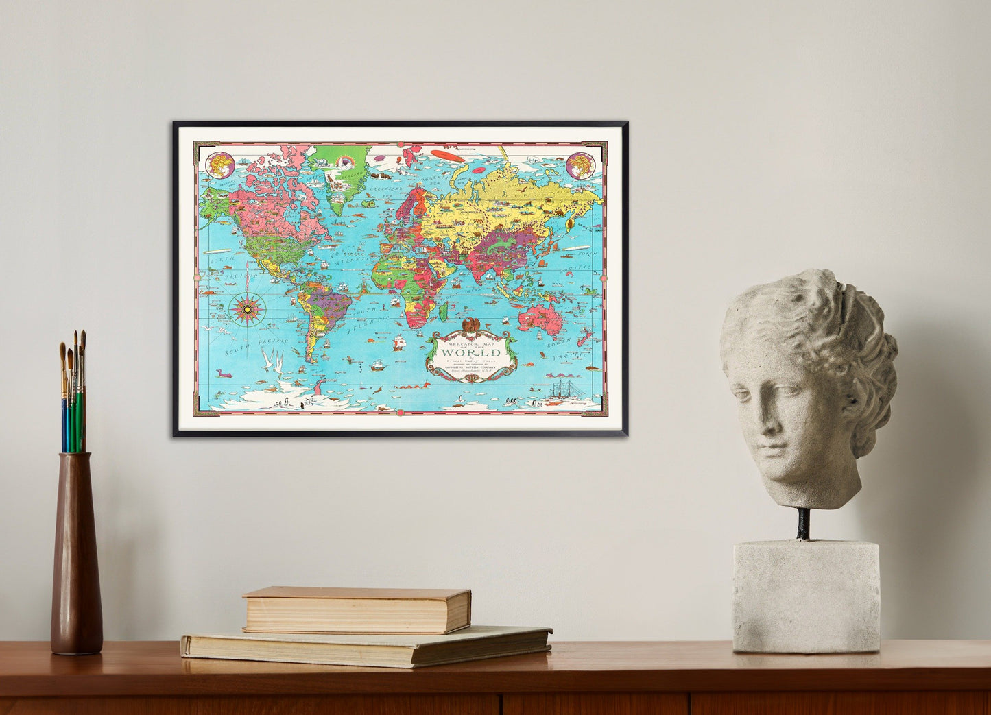 Poster of World map (1931), with metal frame