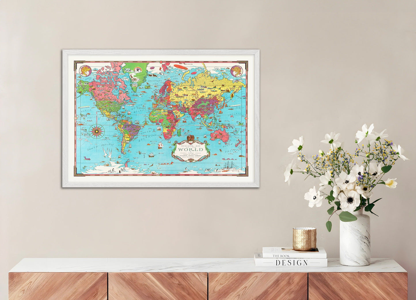 Poster of World map (1931), with white wooden frame